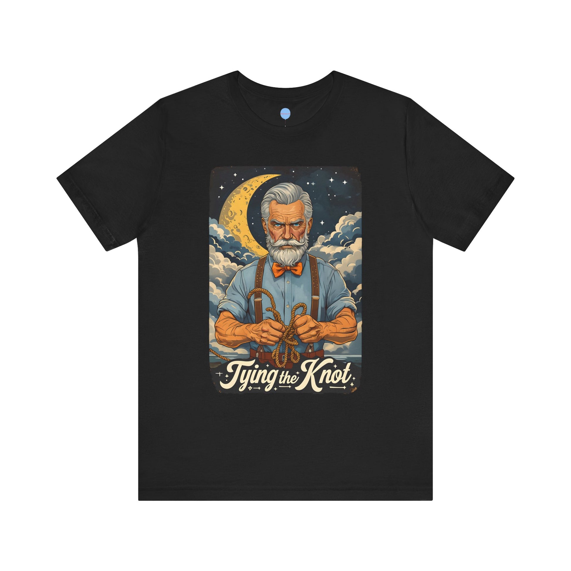 Black engagement t-shirt with graphic old man tying a knot under moonlit sky on white background – Big Day Tees