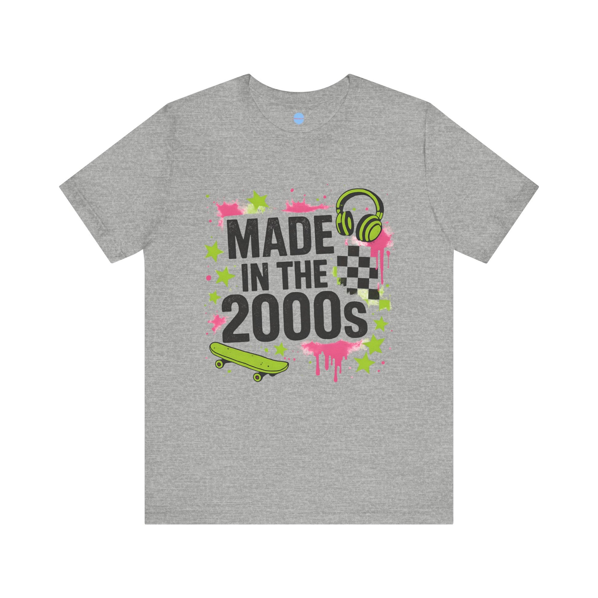 Gray t-shirt with 'Made in the 2000s' design featuring a skateboard and headphones on a white background.
