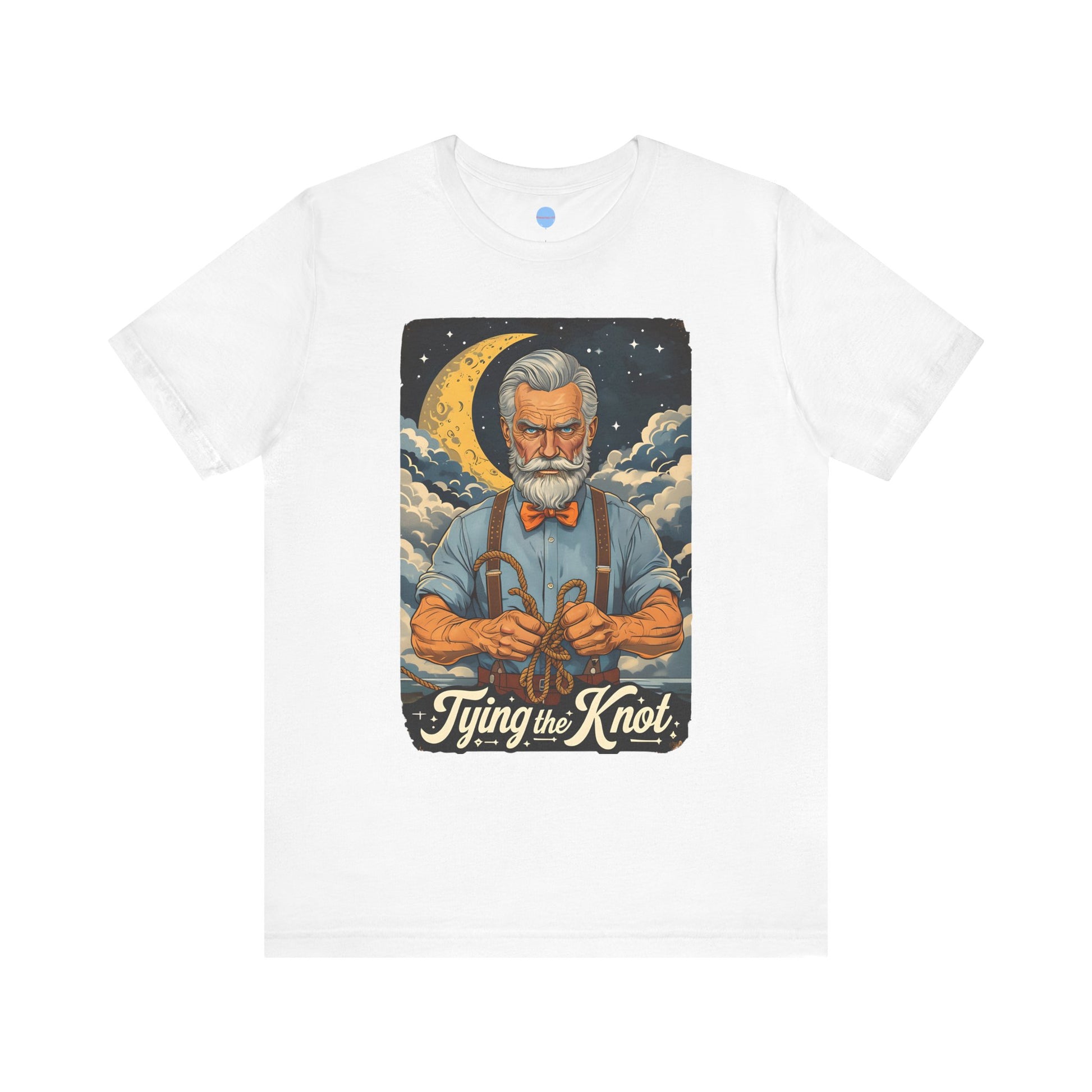 White engagement t-shirt with graphic old man tying a knot under moonlit sky on white background – Big Day Tees