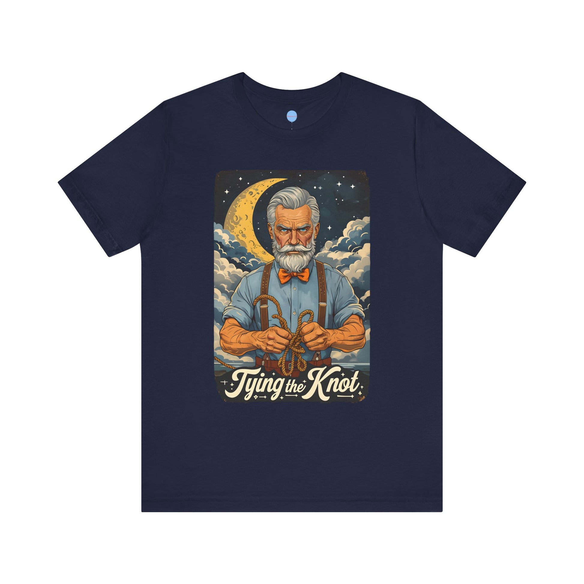 Navy blue engagement t-shirt with graphic old man tying a knot under moonlit sky on white background – Big Day Tees