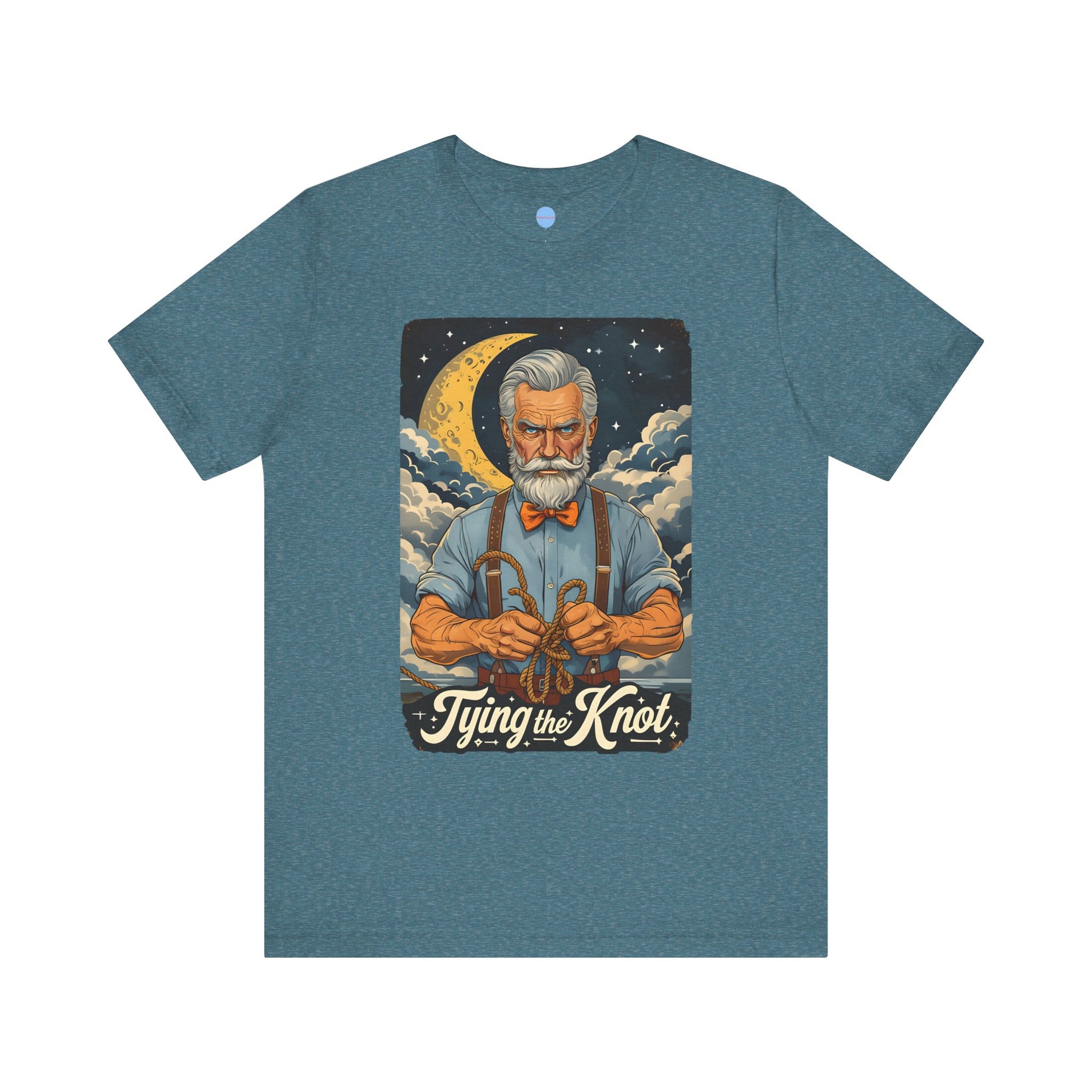 blue engagement t-shirt with graphic old man tying a knot under moonlit sky on white background – Big Day Tees