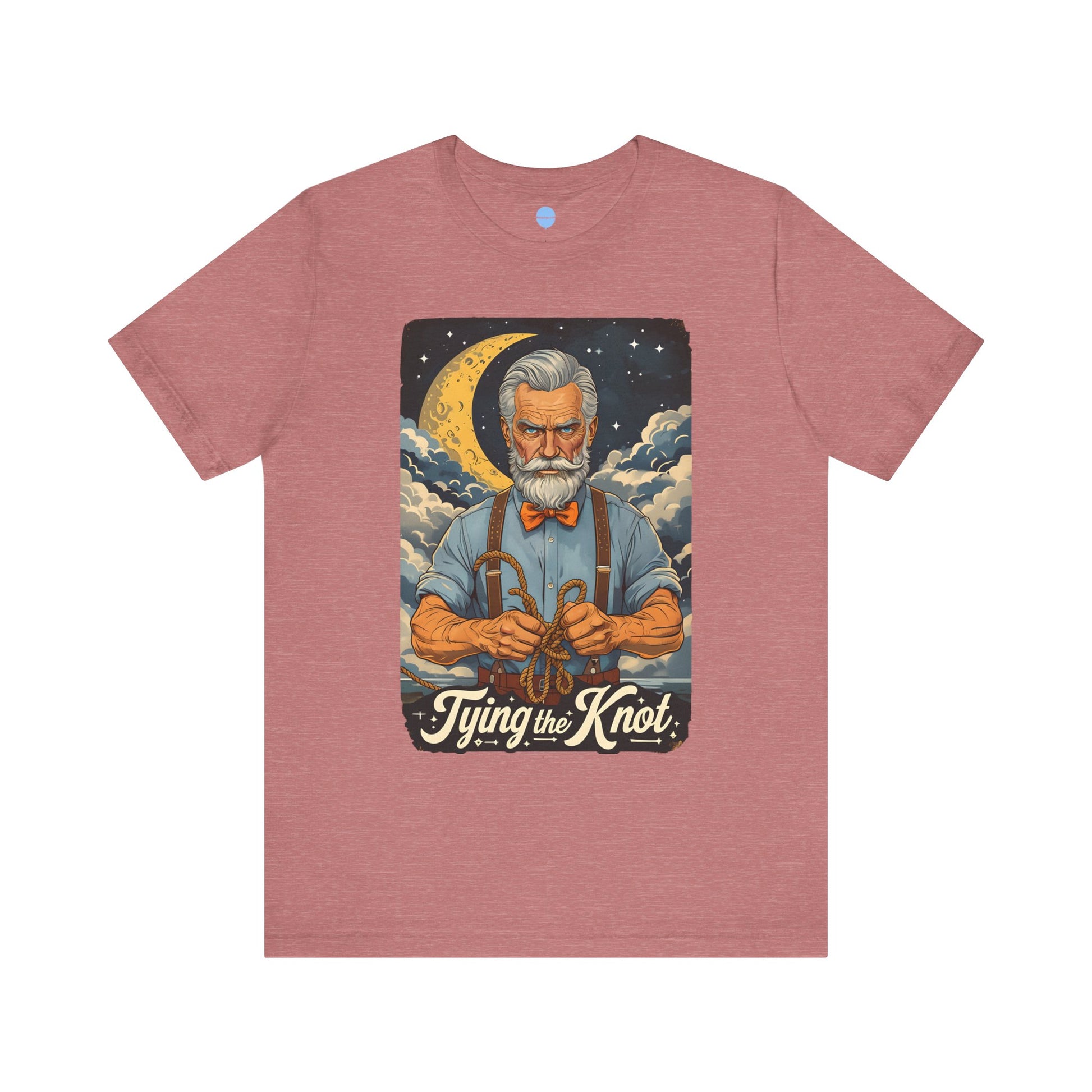 Pink engagement t-shirt with graphic old man tying a knot under moonlit sky on white background – Big Day Tees