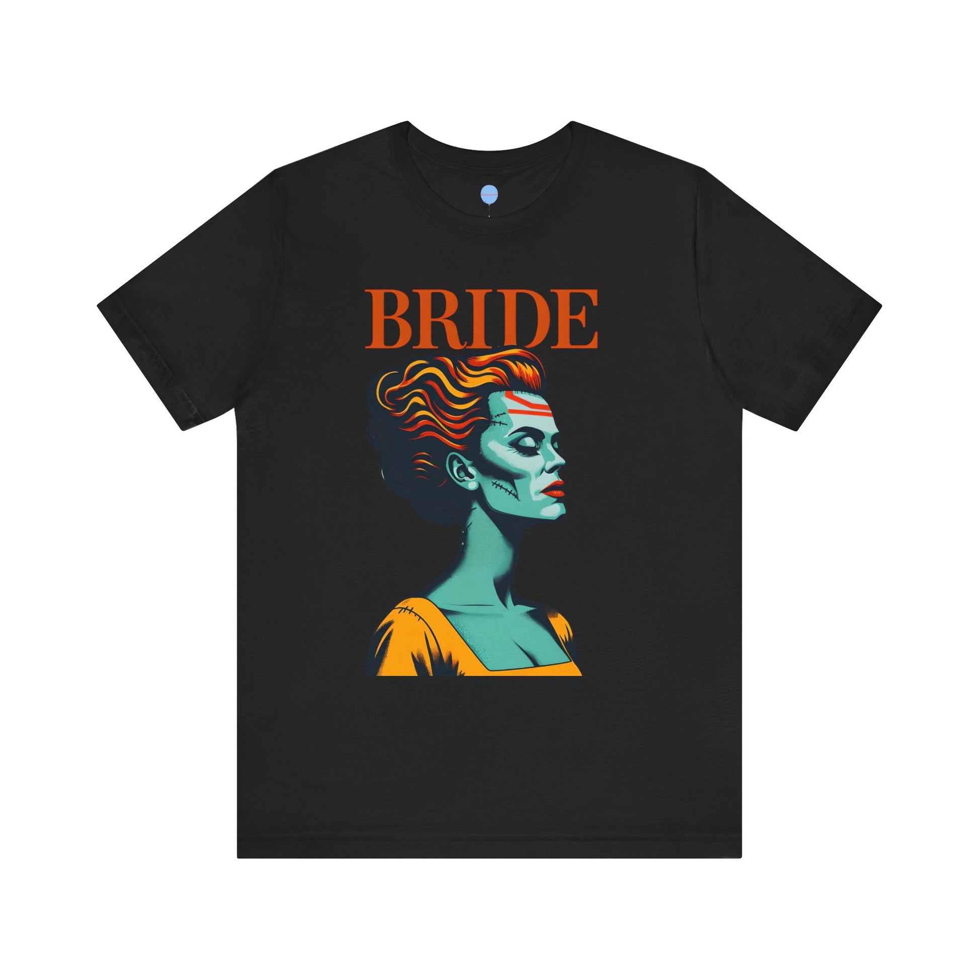 Black bridal t-shirt with graphic woman’s face and BRIDE text, wedding party shirt on white background