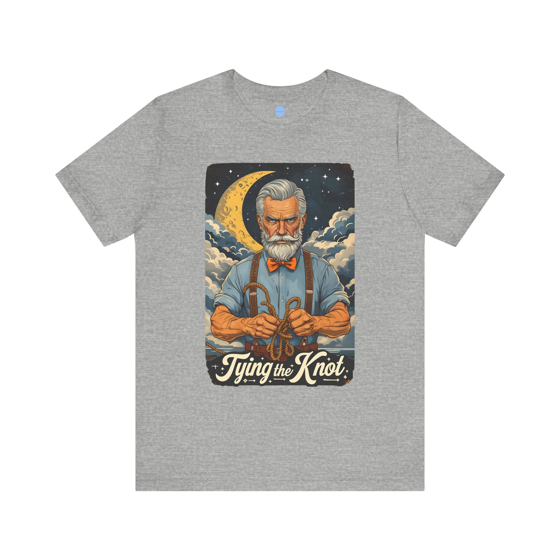 Grey engagement t-shirt with graphic old man tying a knot under moonlit sky on white background – Big Day Tees
