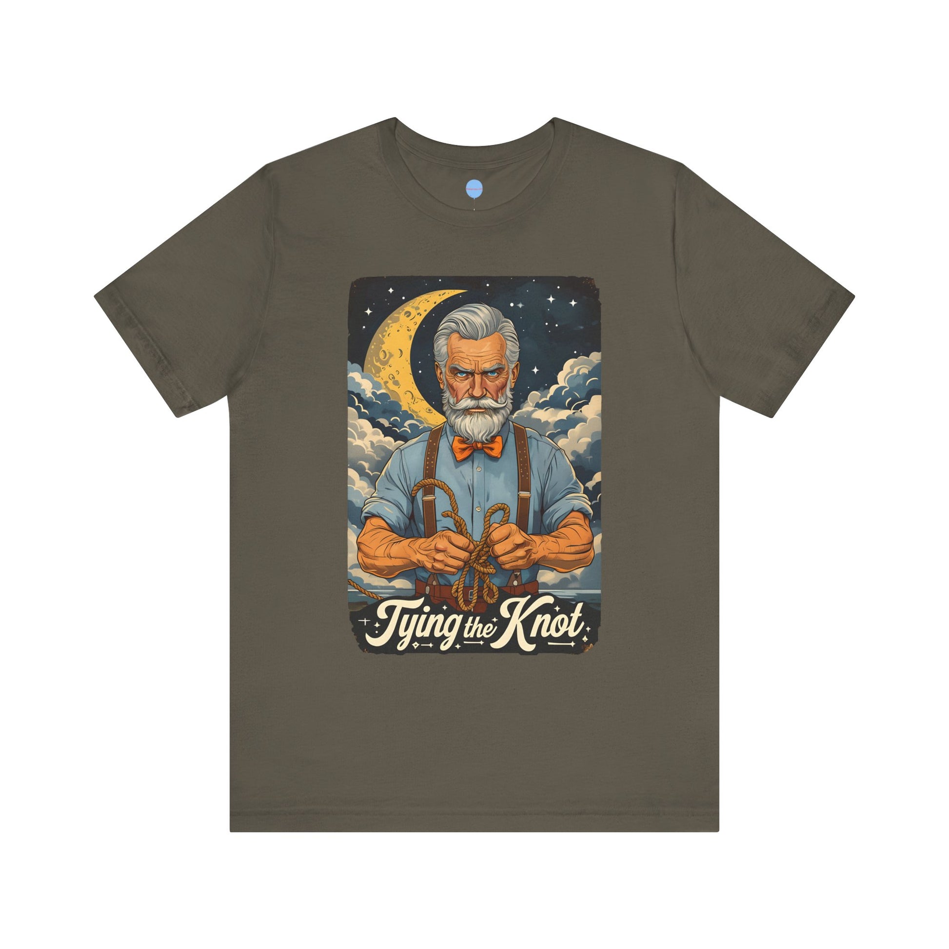 Brown engagement t-shirt with graphic old man tying a knot under moonlit sky on white background – Big Day Tees