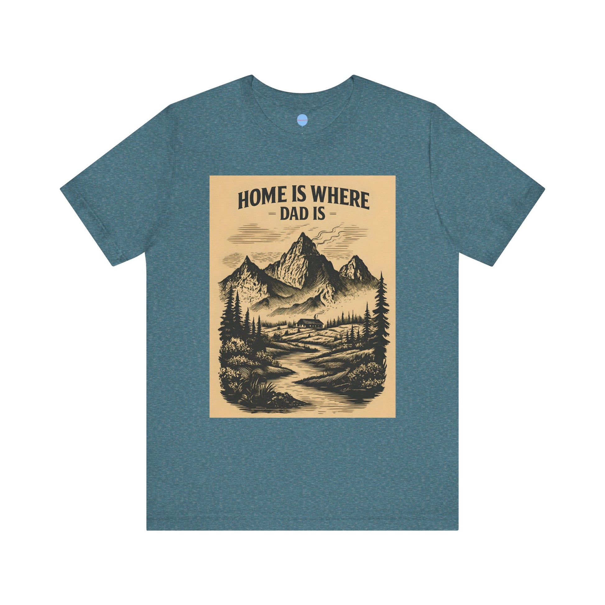 Blue Dad t-shirt with mountain scene and ‘Home is where Dad is’ text on brown background – Big Day Tees”