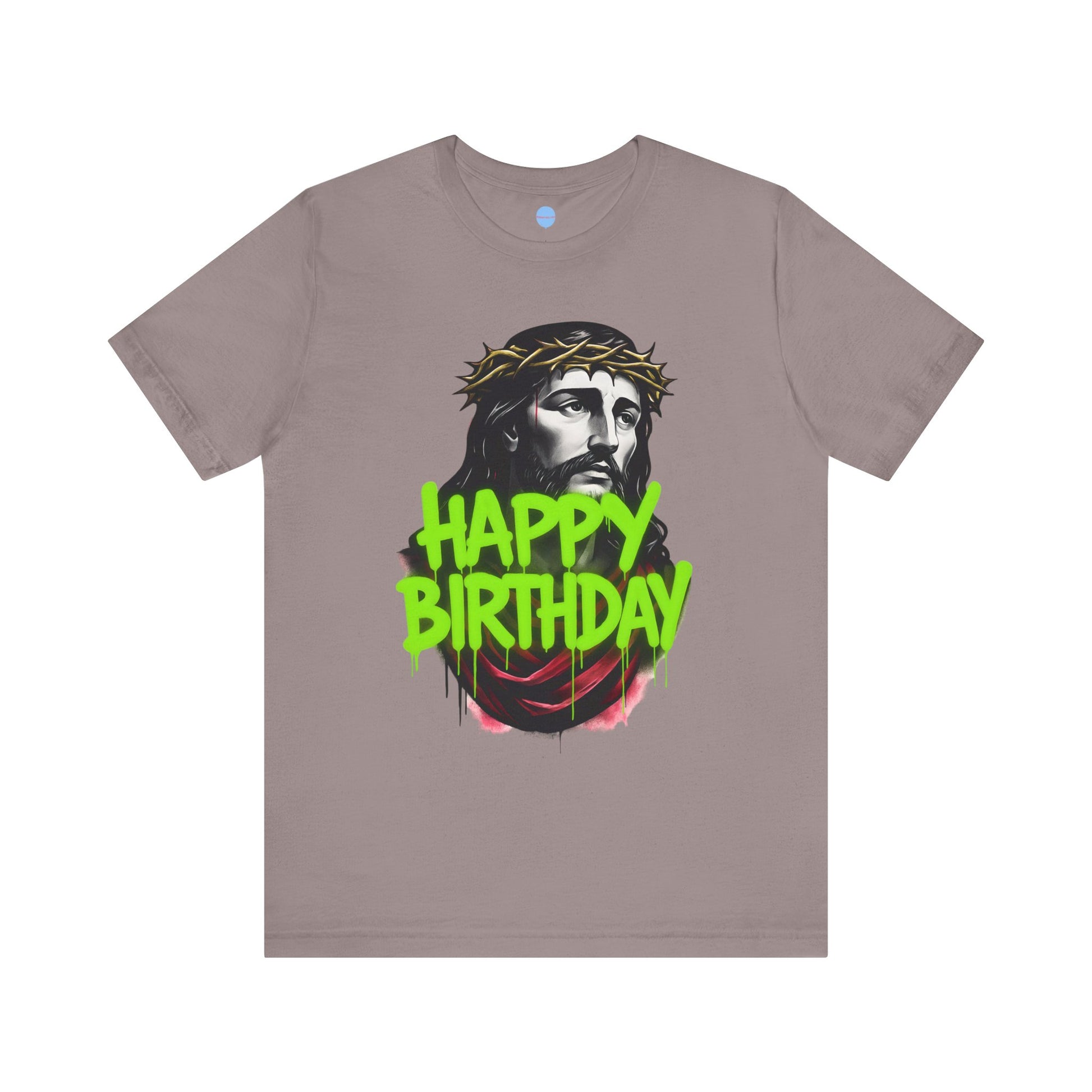 Brown t-shirt with a graphic of a Jesus wearing a crown of thorns and 'Happy Birthday' spray painted text on a white background.