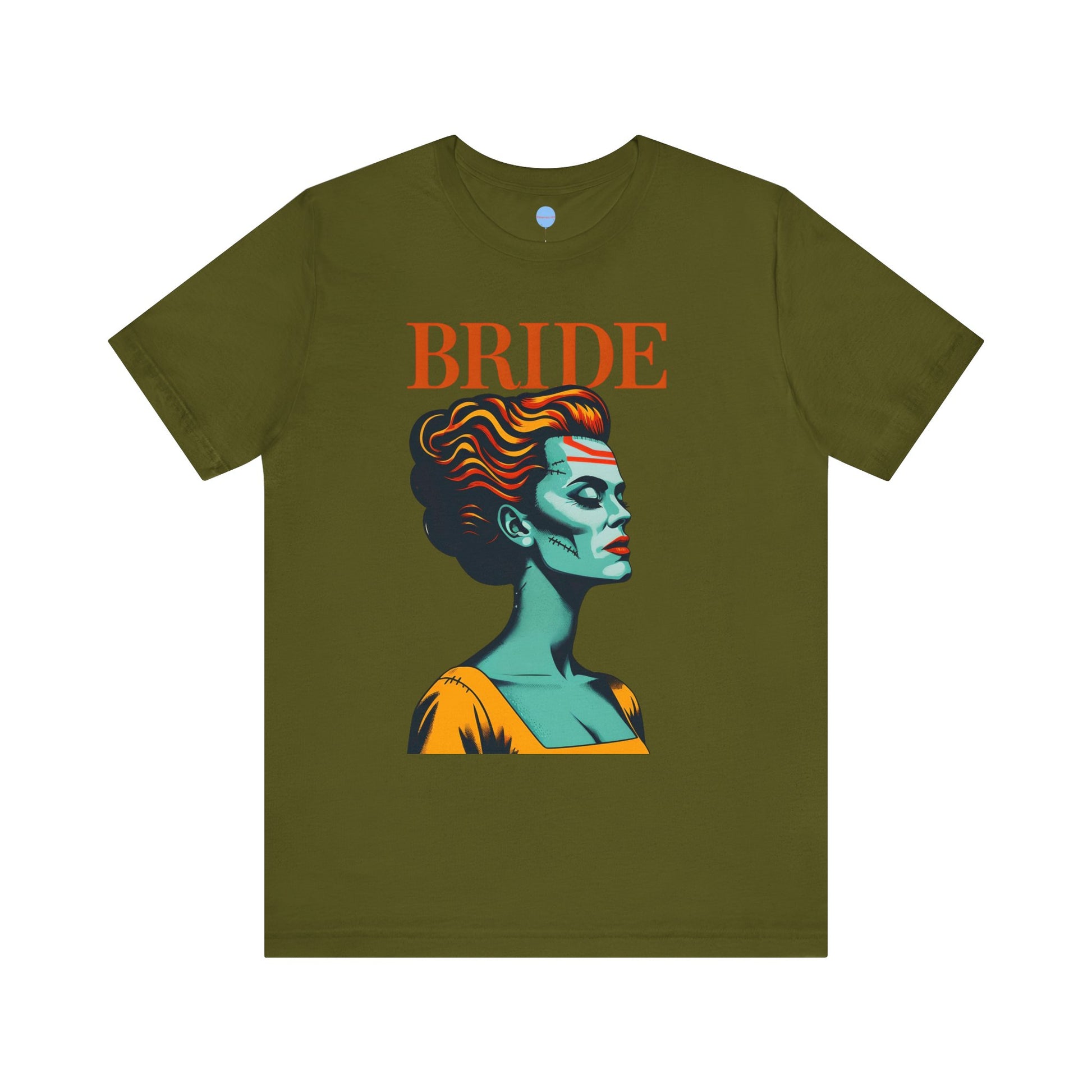 Green bridal t-shirt with graphic woman’s face and BRIDE text, wedding party shirt on white background