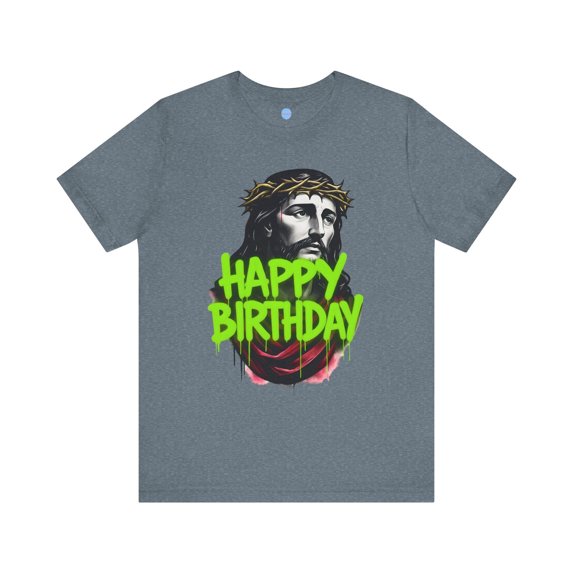 Grey t-shirt with a graphic of a Jesus wearing a crown of thorns and 'Happy Birthday' spray painted text on a white background.