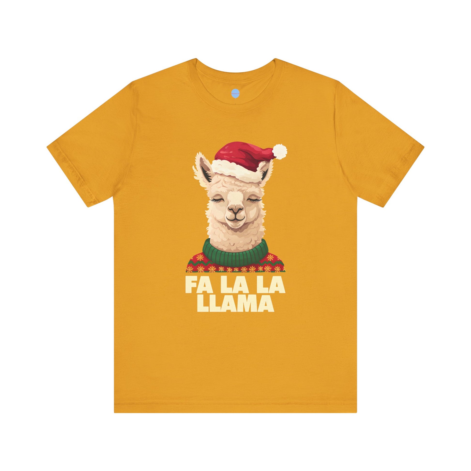 Yellow t-shirt with a Christmas llama graphic and 'FA LA LA LLAMA' text on a white background.