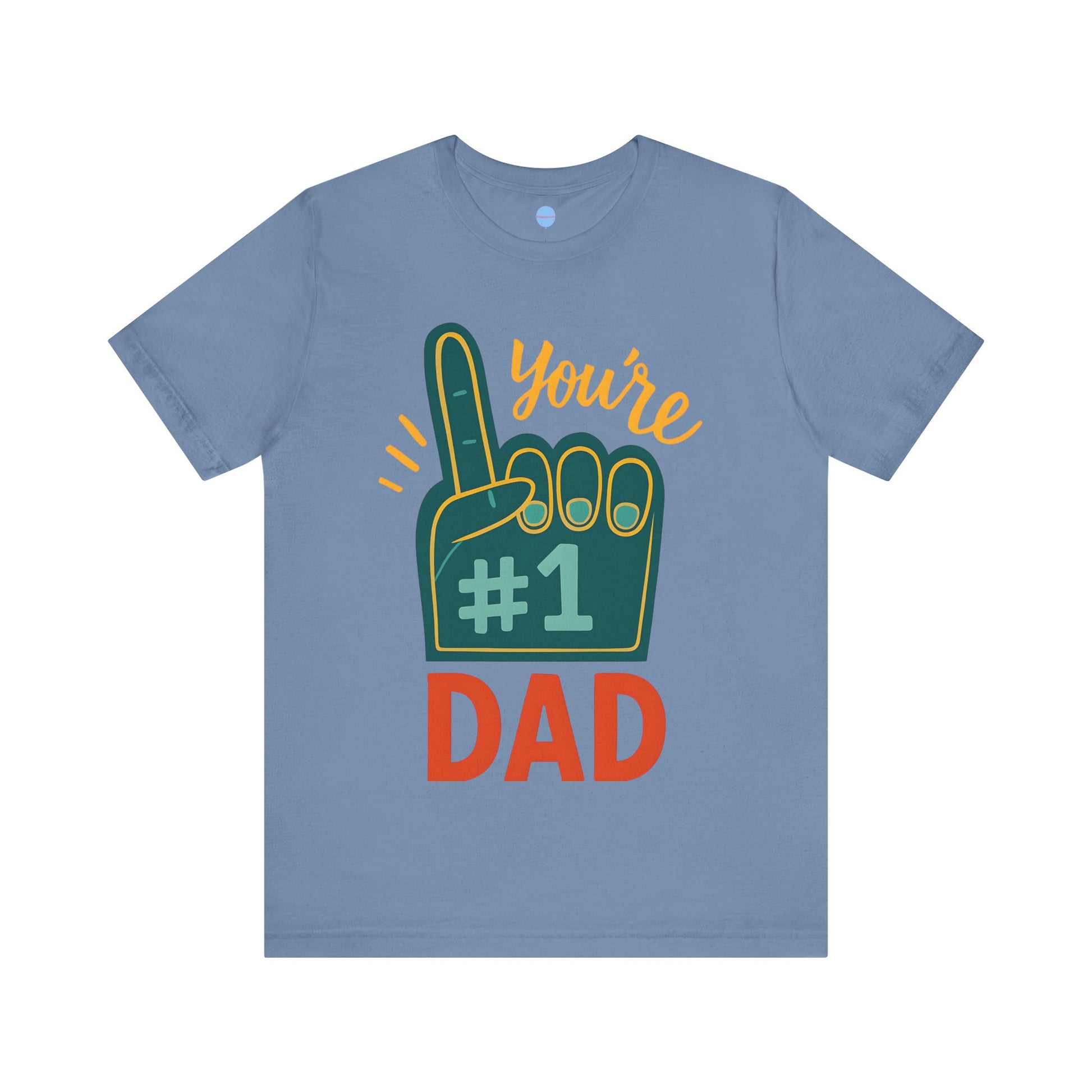 Blue t-shirt with '#1 Dad' graphic on a white background