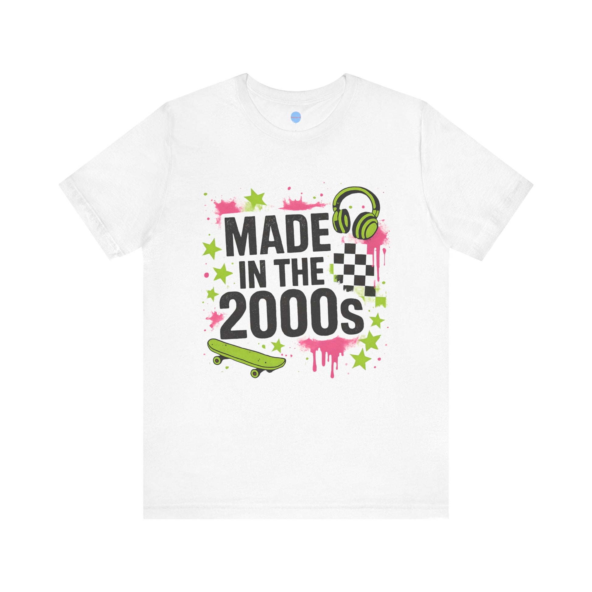 White t-shirt with colorful graphic design on a white background