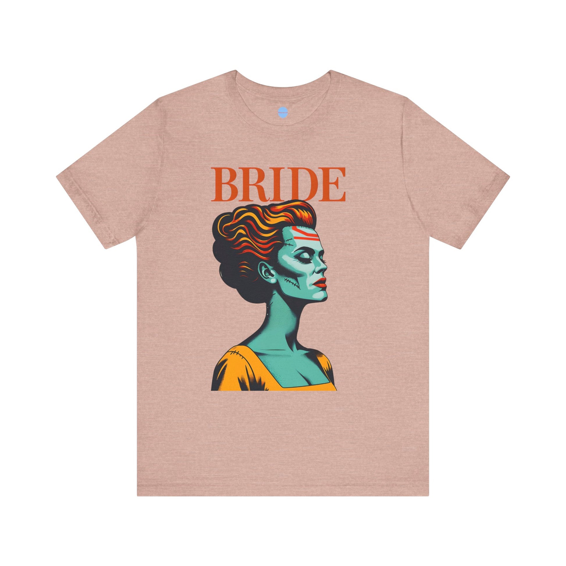Pink bridal t-shirt with graphic woman’s face and BRIDE text, wedding party shirt on white background
