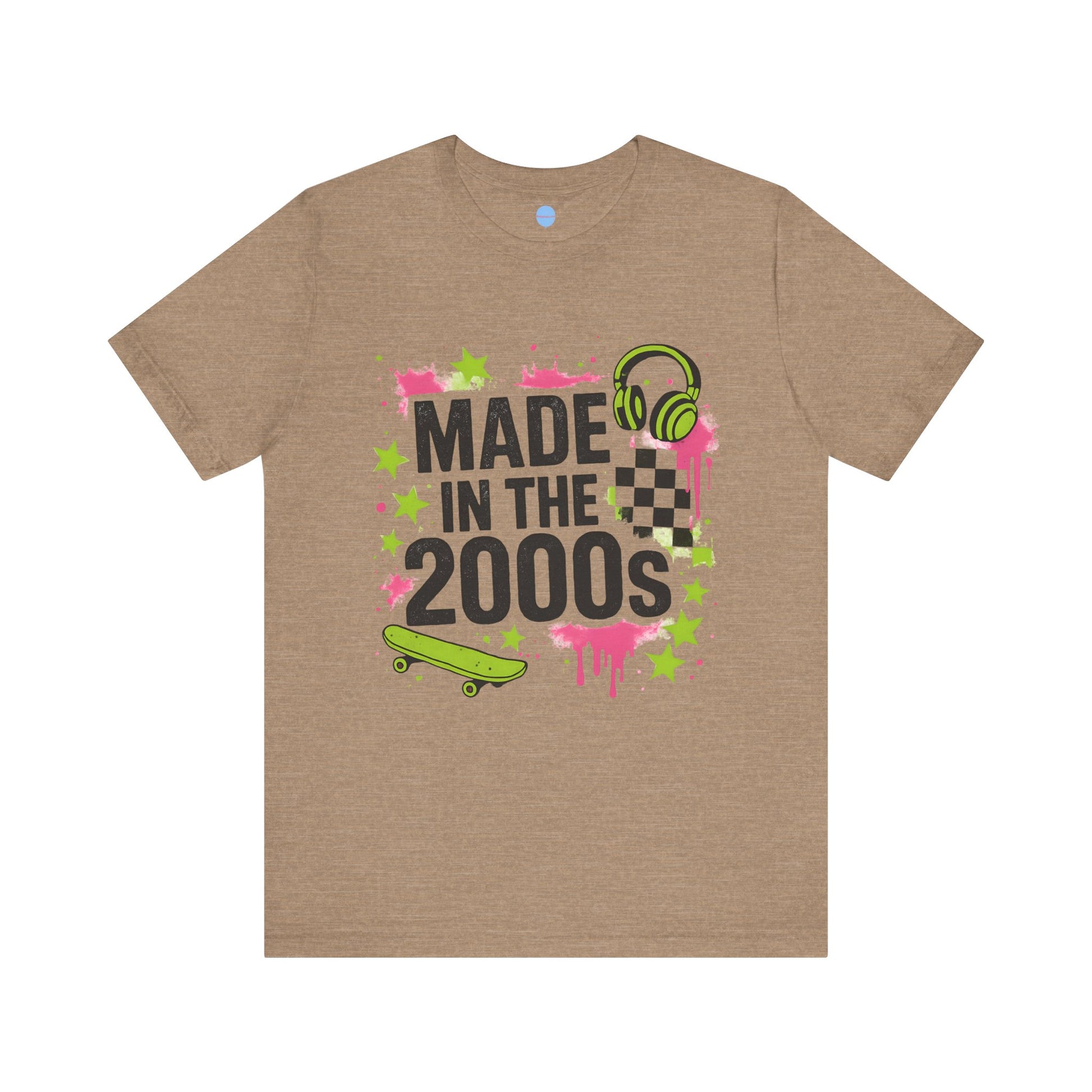 Brown t-shirt with 'Made in the 2000s' graphic design on a white background