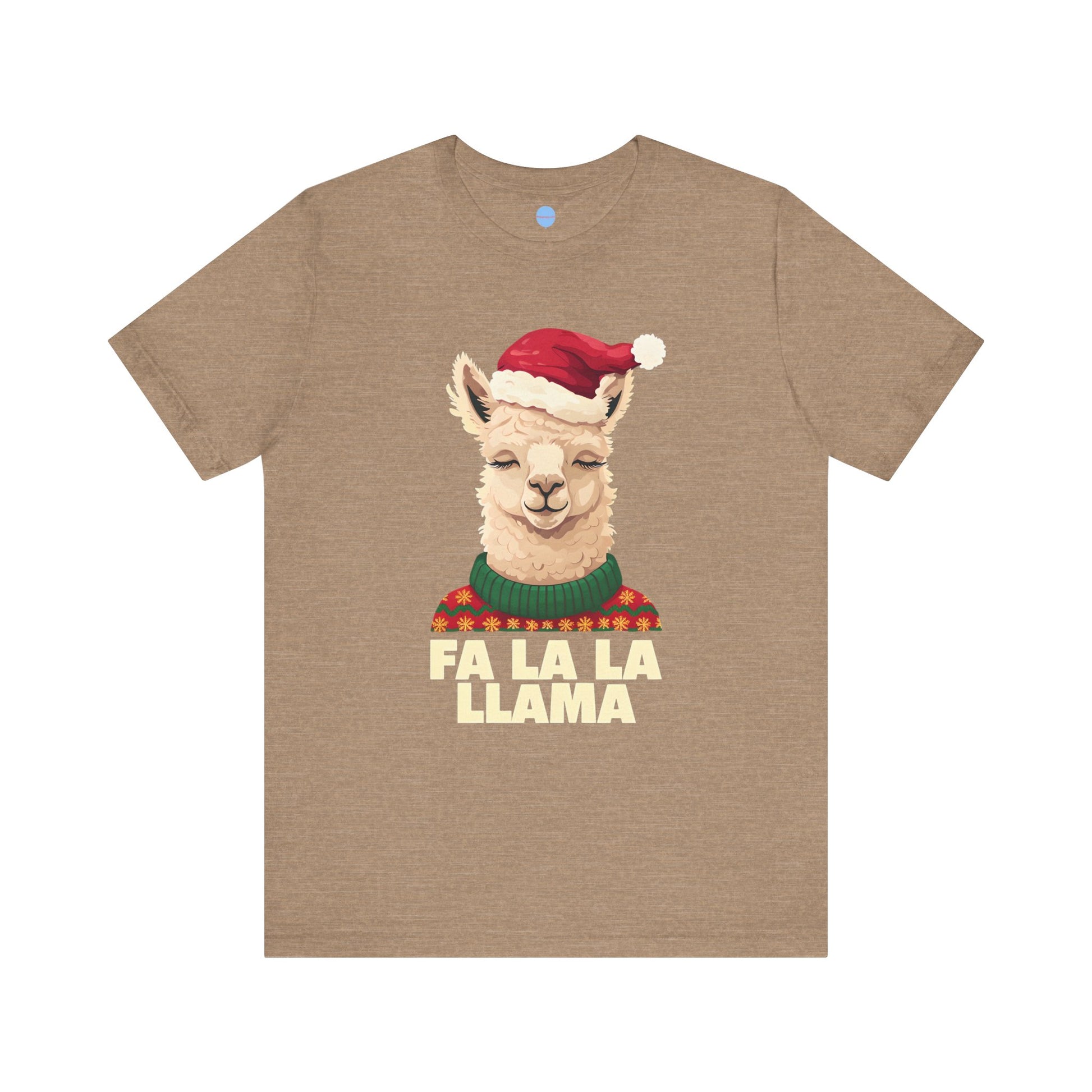 Brown t-shirt with a Christmas llama graphic and 'Fa La La Llama' text on a white background