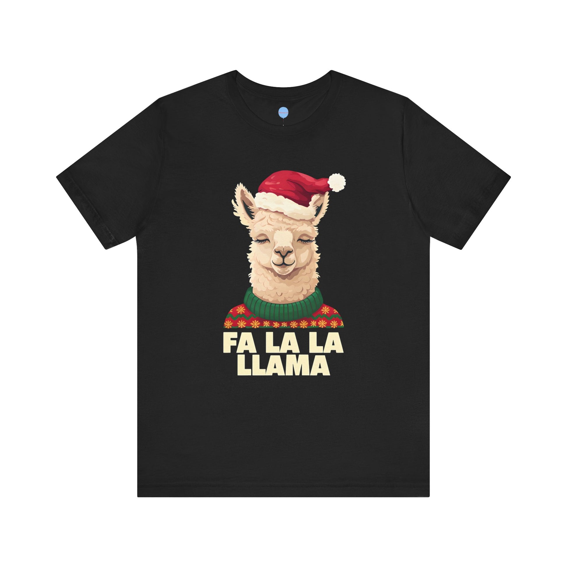 Black t-shirt with a Christmas llama design and 'Fa La La Llama' text on a white background.