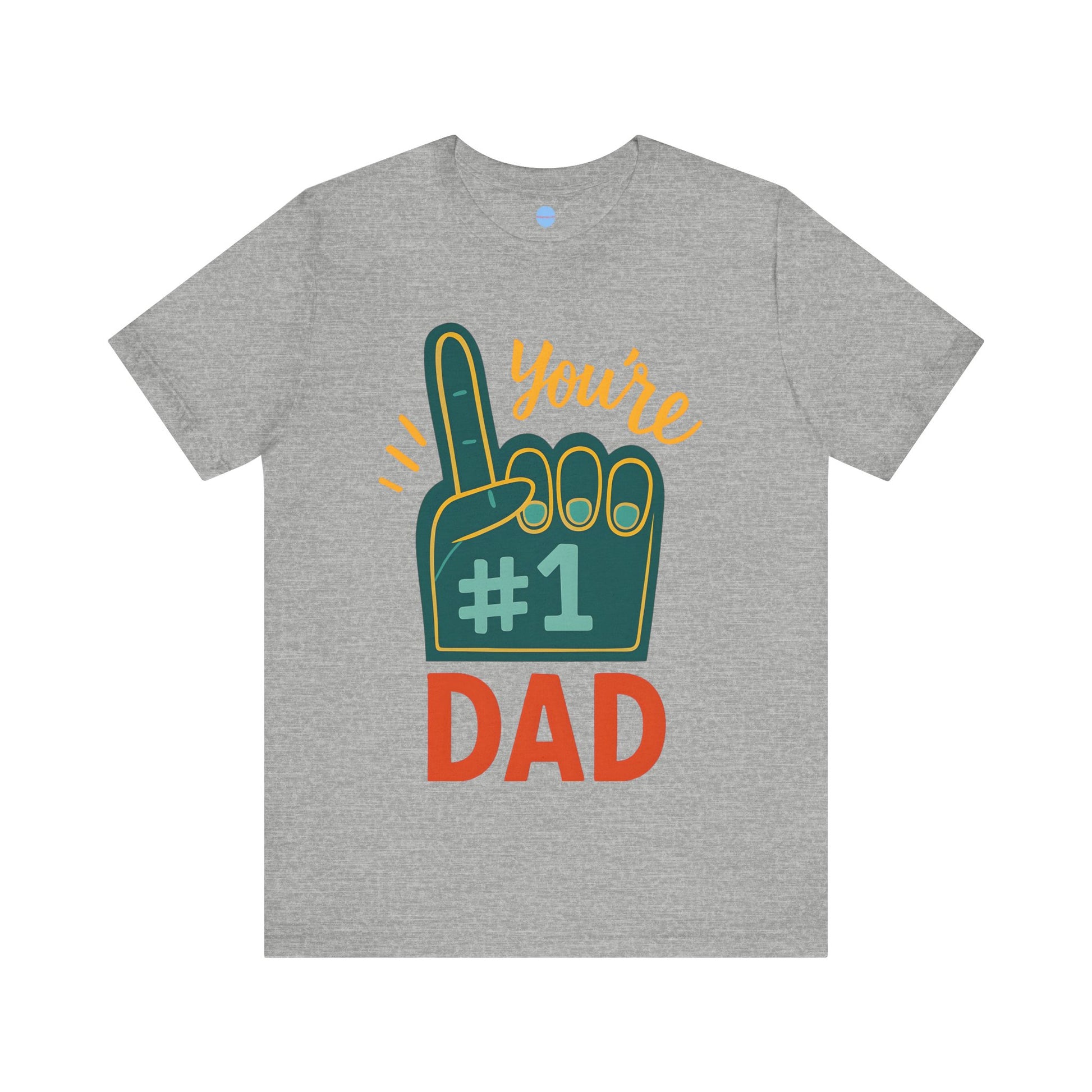 Gray t-shirt with '#1 Dad' graphic on a white background
