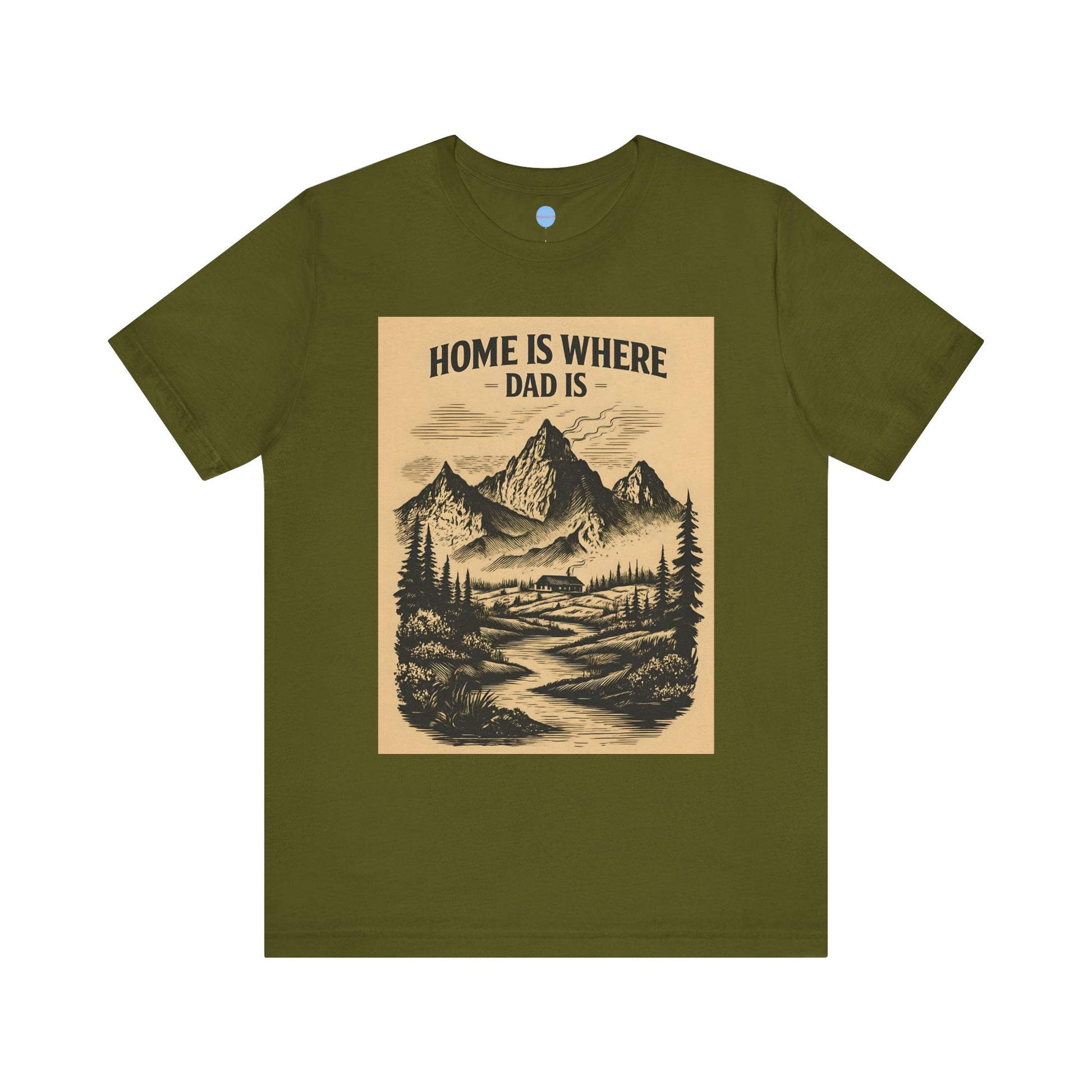 Green Dad t-shirt with mountain scene and ‘Home is where Dad is’ text on brown background – Big Day Tees”