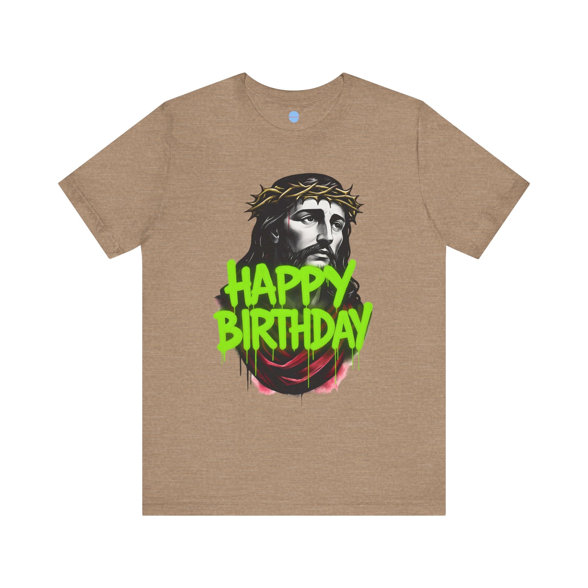 Brown t-shirt with a graphic of a Jesus wearing a crown of thorns and 'Happy Birthday' spray painted text on a white background.