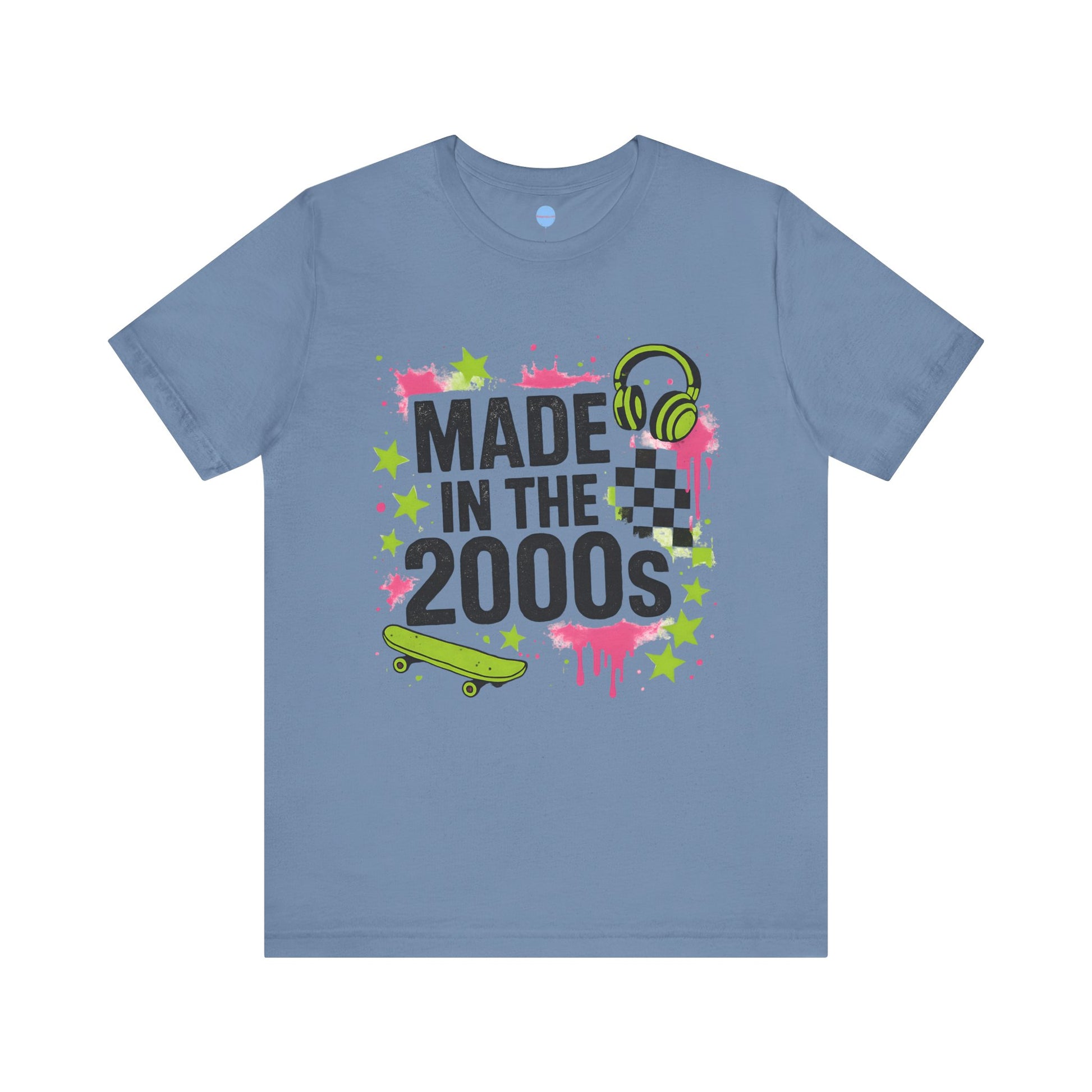 Blue t-shirt with 'Made in the 2000s' graphic design on a white background
