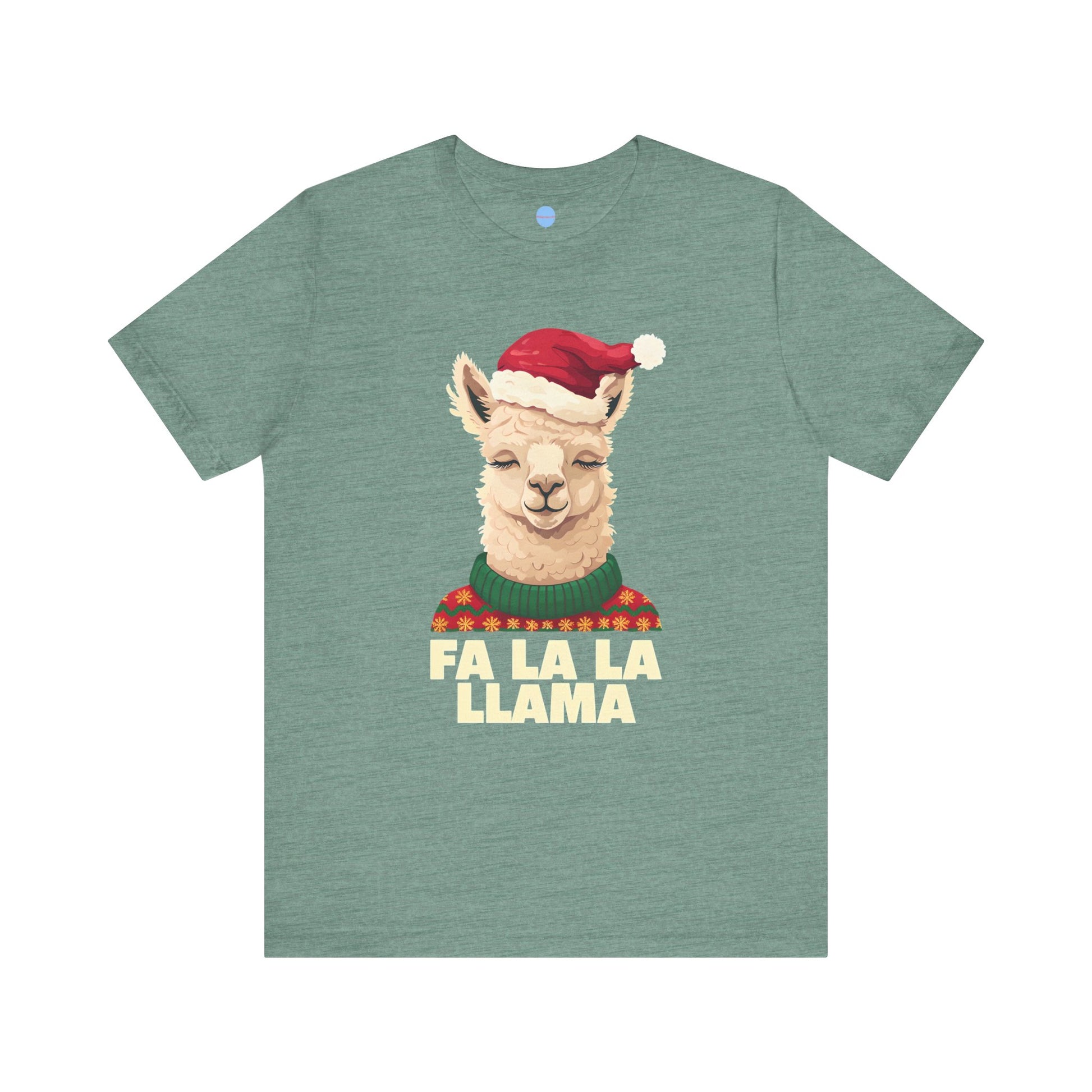 Green t-shirt with a Christmas llama graphic and 'Fa La La Llama' text on a white background