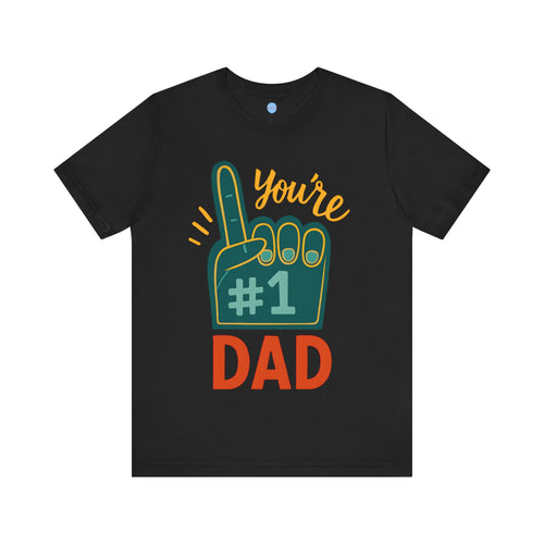 Black t-shirt with '#1 Dad' graphic on a white background