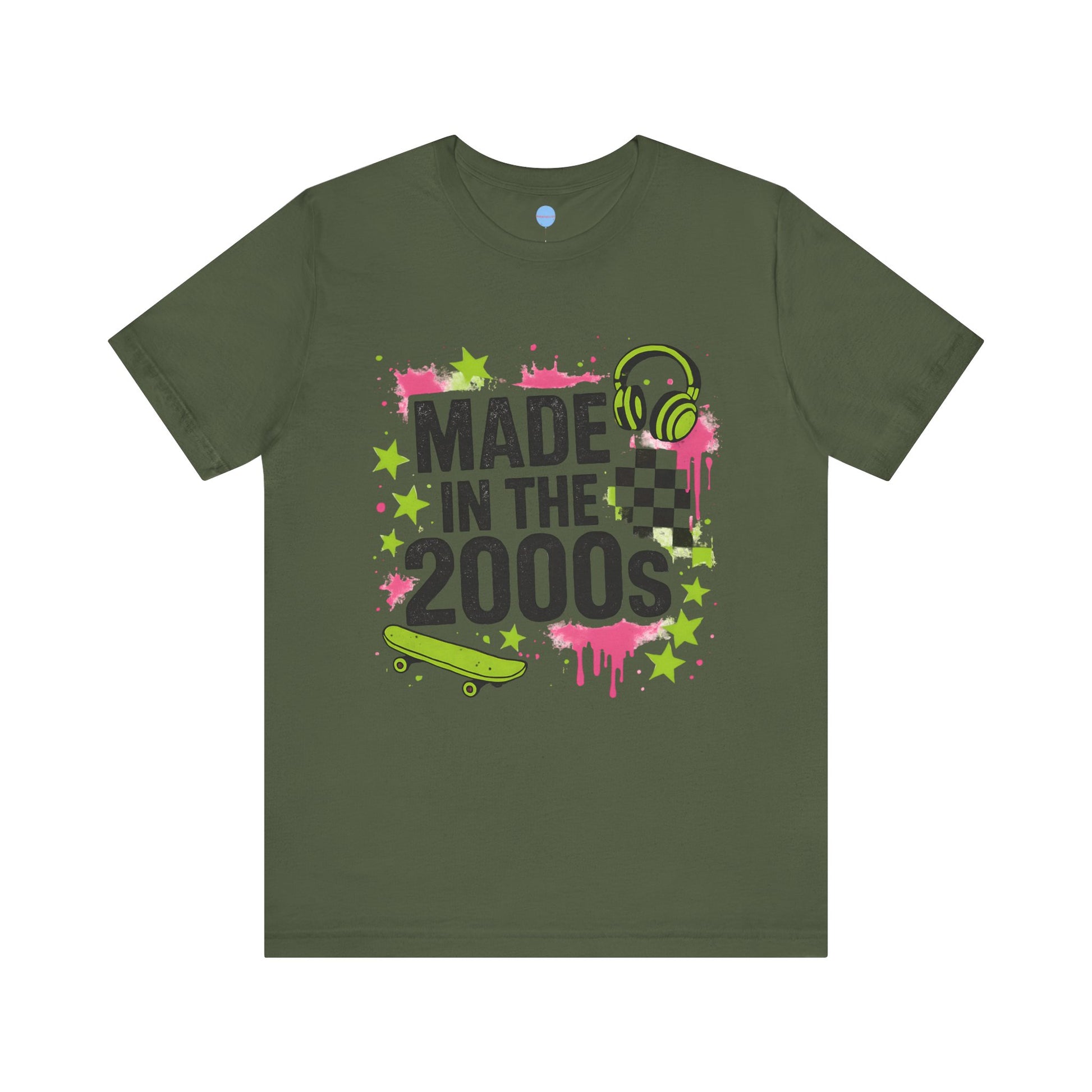 Green t-shirt with 'Made in the 2000s' design on a white background