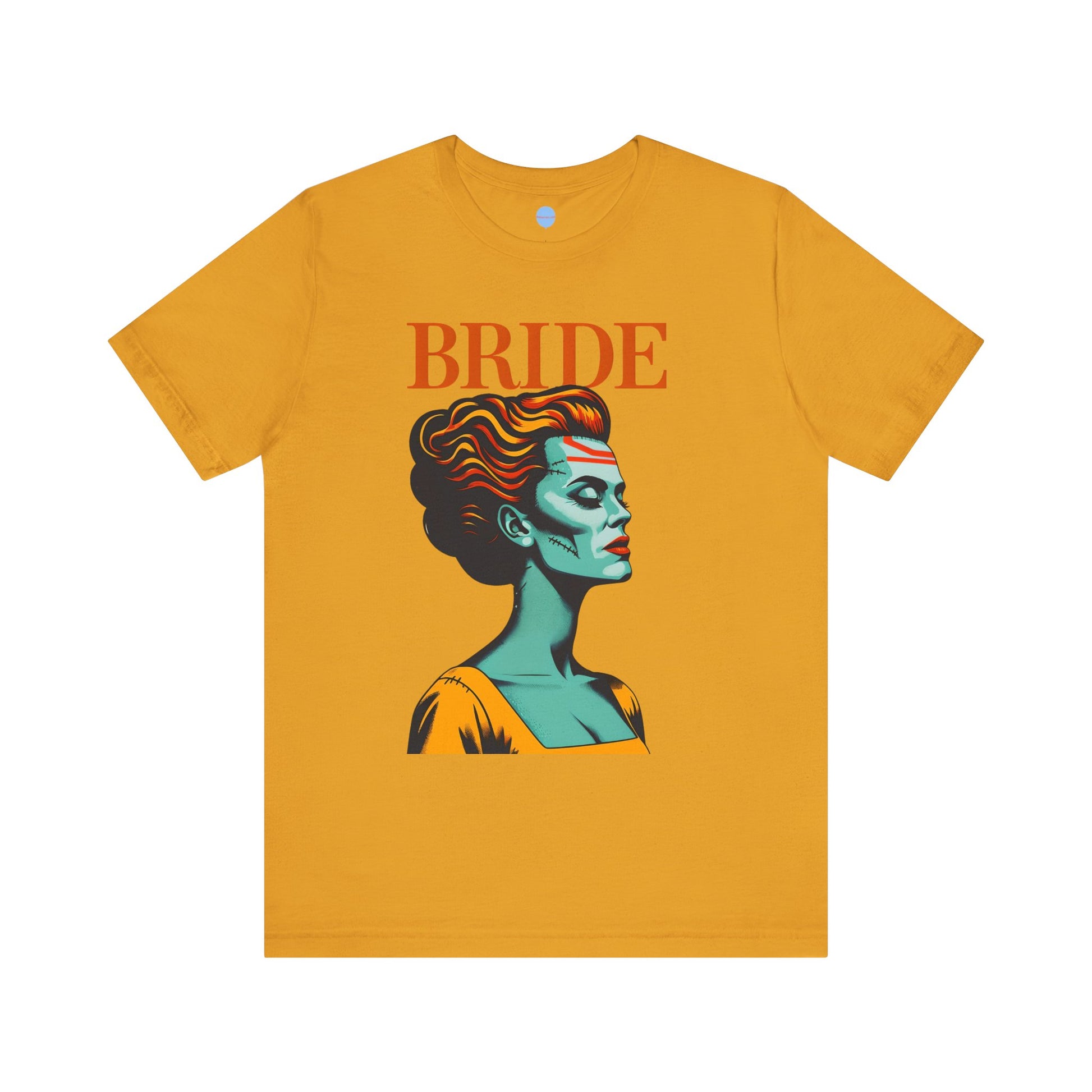 Yellow bridal t-shirt with graphic woman’s face and BRIDE text, wedding party shirt on white background