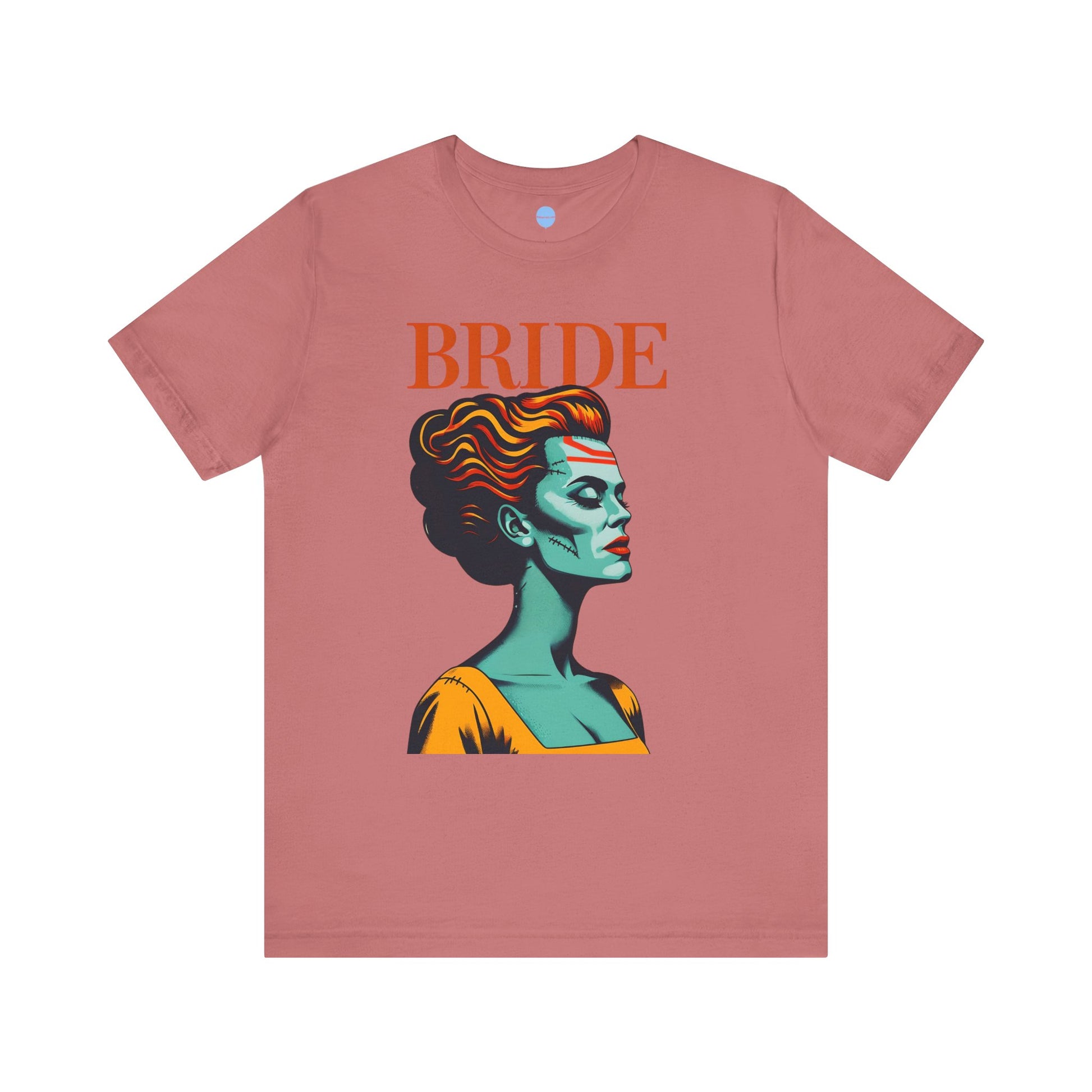 Mauve bridal t-shirt with graphic woman’s face and BRIDE text, wedding party shirt on white background