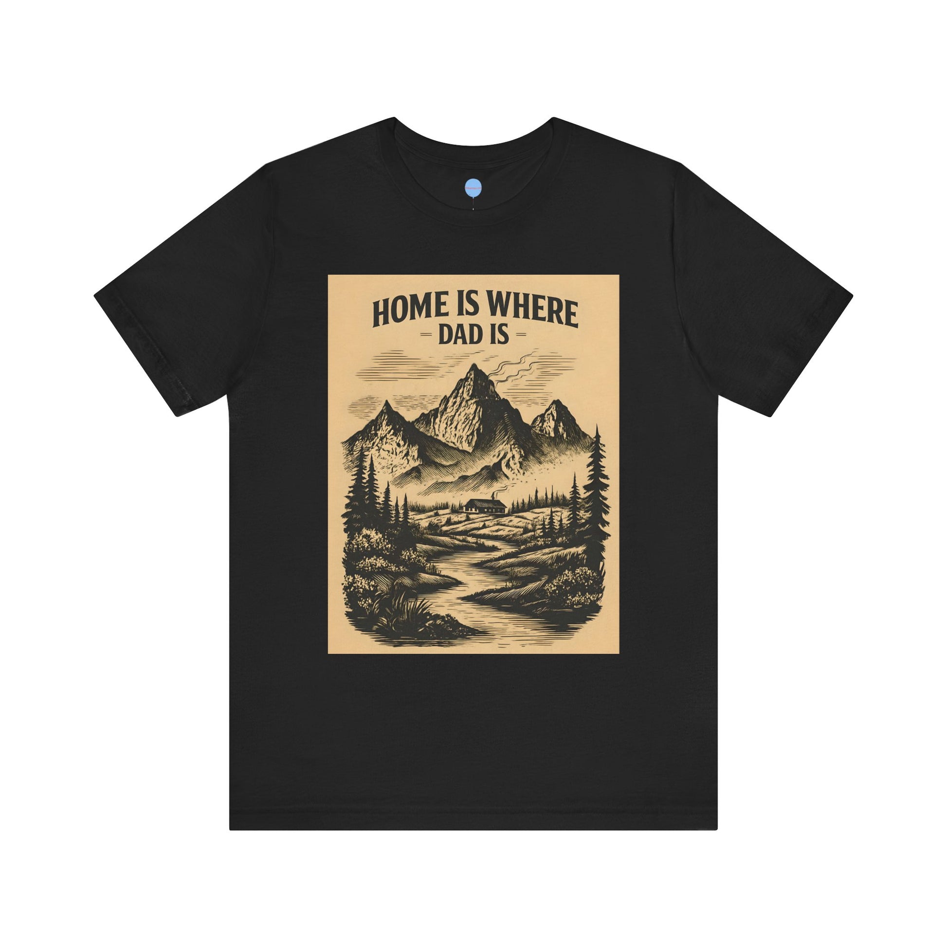 Black Dad t-shirt with mountain scene and ‘Home is where Dad is’ text on brown background – Big Day Tees”