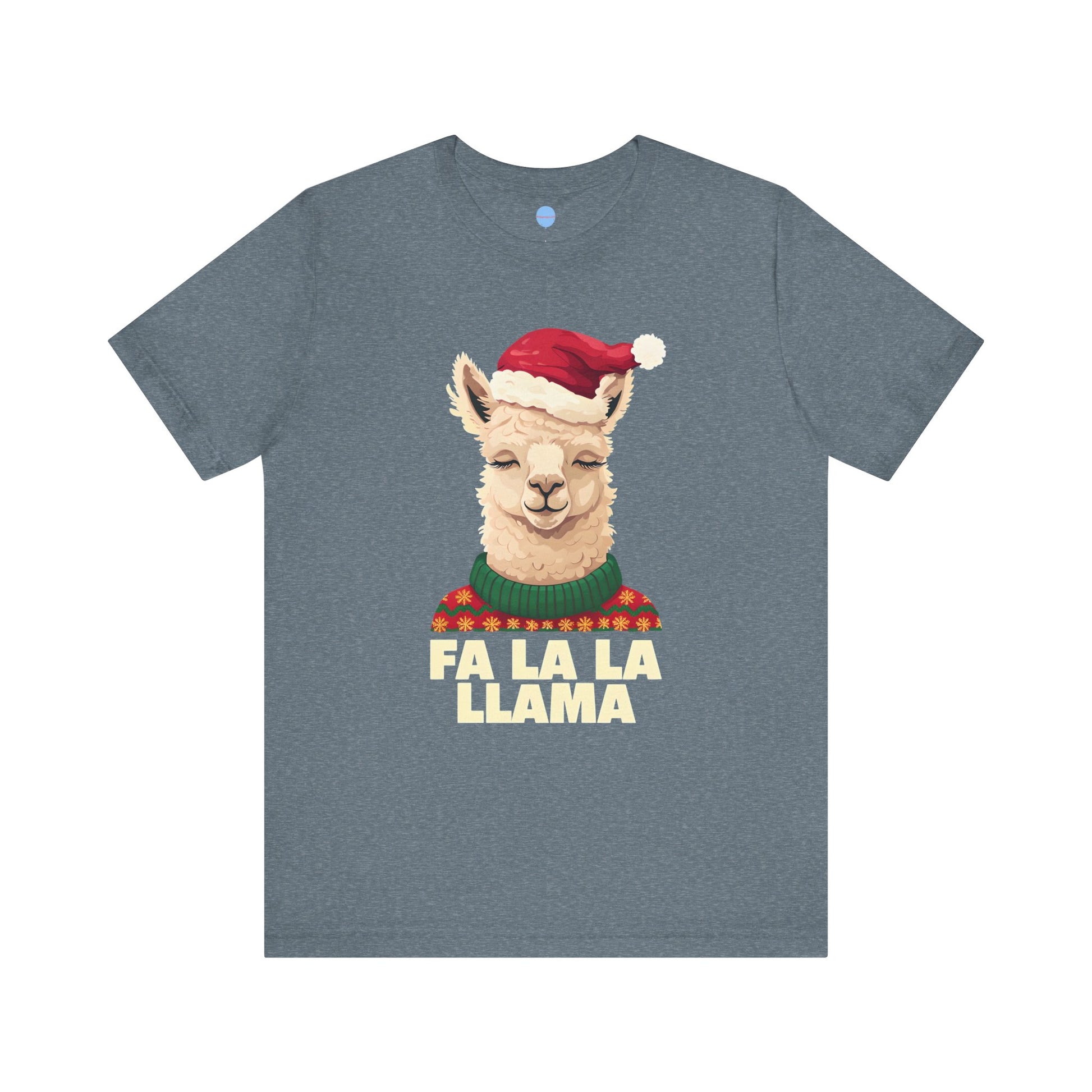 Gray t-shirt with a Christmas llama graphic and 'Fa La La Llama' text on a white background