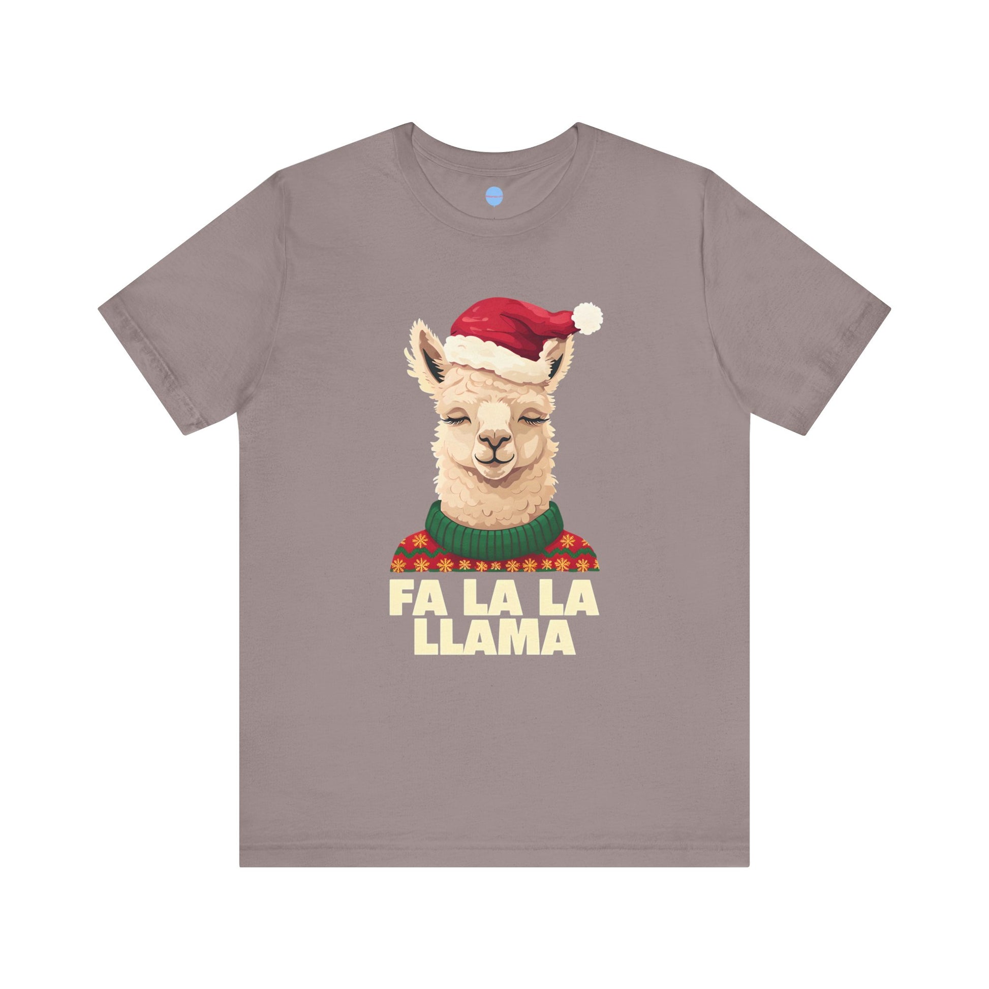 T-shirt with a llama wearing a Santa hat and 'FA LA LA LLAMA' text on a brown background