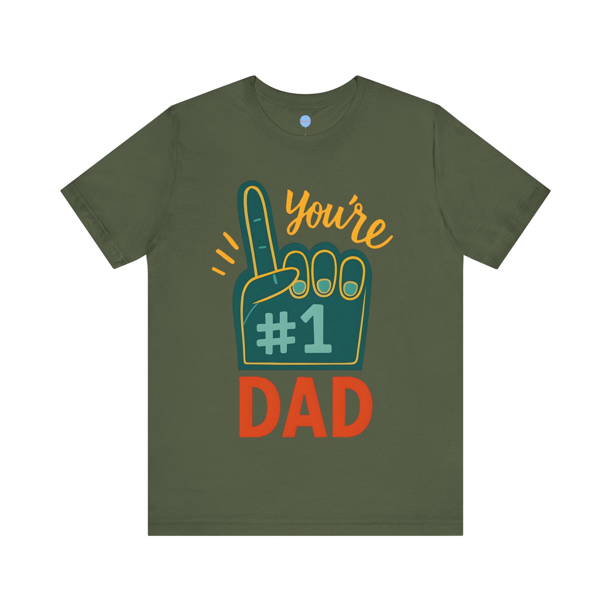 Green t-shirt with '#1 Dad' graphic on a white background