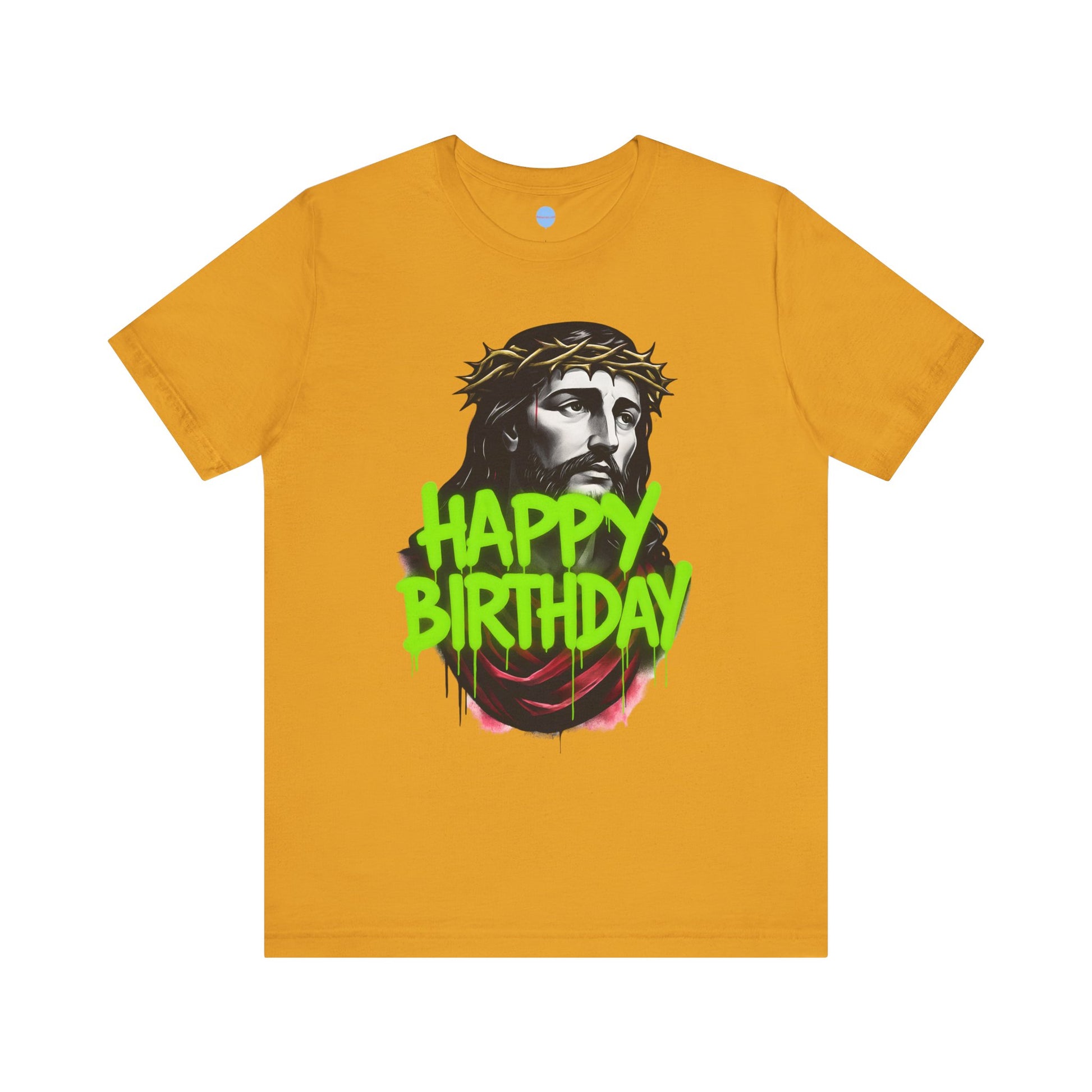 Yellow t-shirt with a graphic of a Jesus wearing a crown of thorns and 'Happy Birthday' spray painted text on a white background.