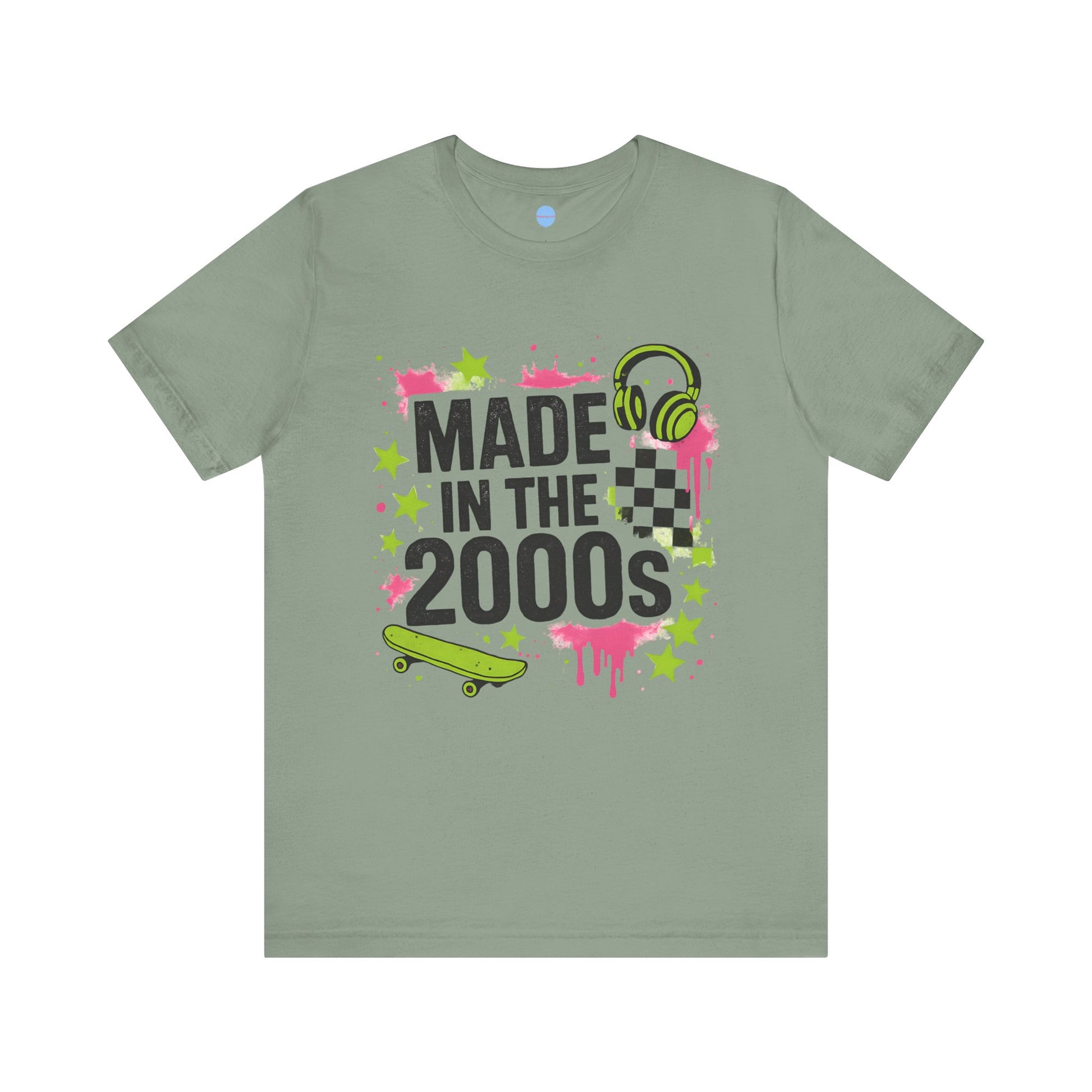 Green t-shirt with 'Made in the 2000s' design on a white background