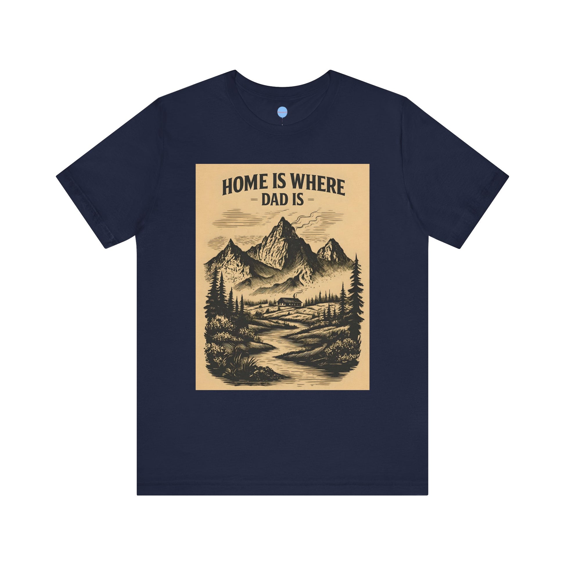 Navy Dad t-shirt with mountain scene and ‘Home is where Dad is’ text on brown background – Big Day Tees”
