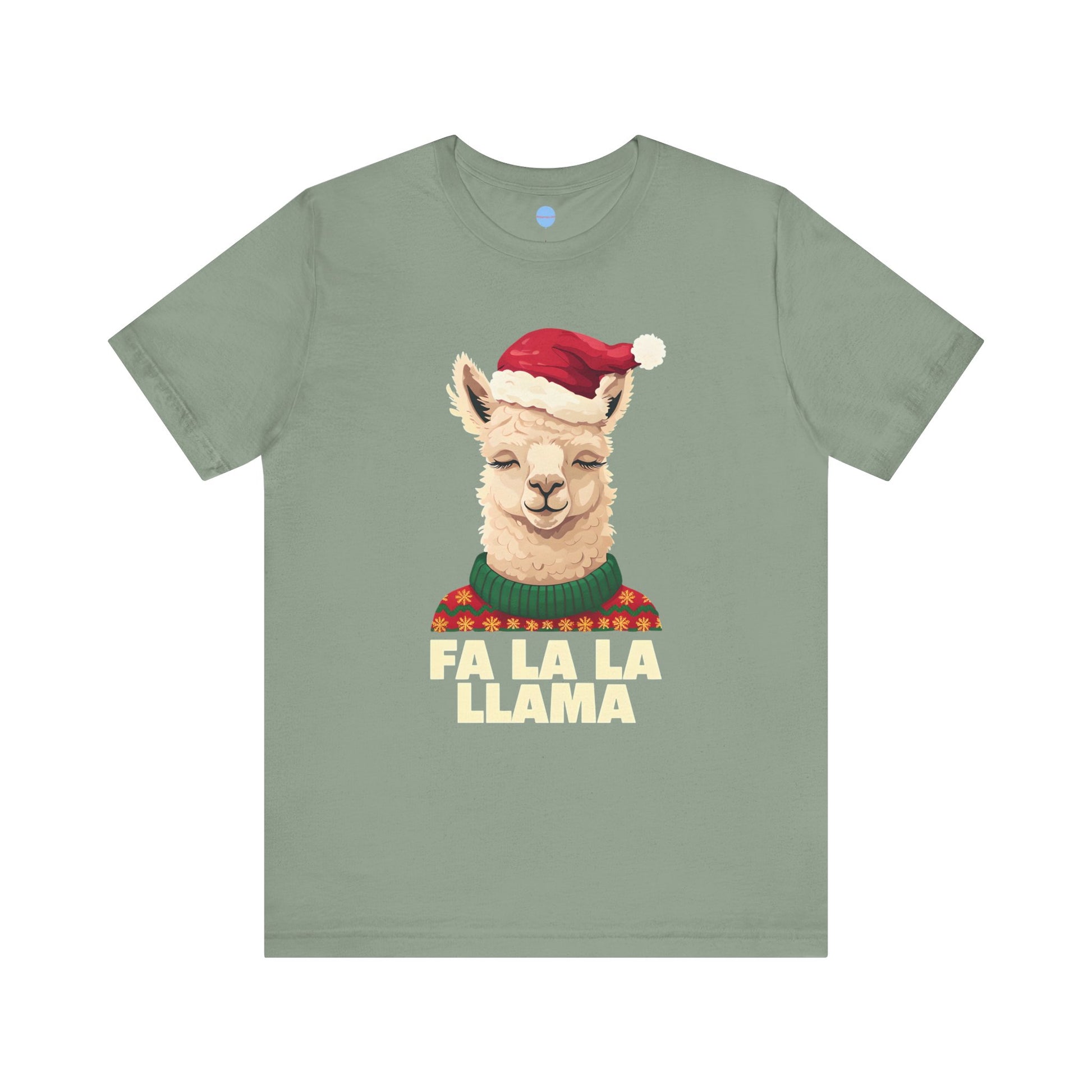 Green t-shirt with a Christmas llama graphic and 'Fa La La Llama' text on a white background