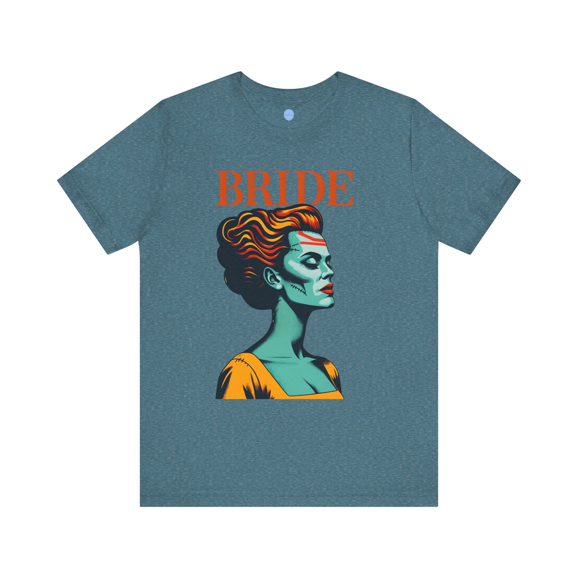 Blue bridal t-shirt with graphic woman’s face and BRIDE text, wedding party shirt on white background