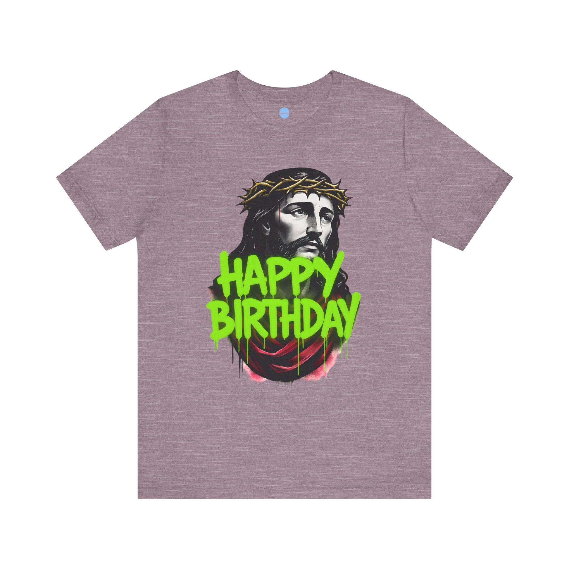 Purple t-shirt with a graphic of a Jesus wearing a crown of thorns and 'Happy Birthday' spray painted text on a white background.