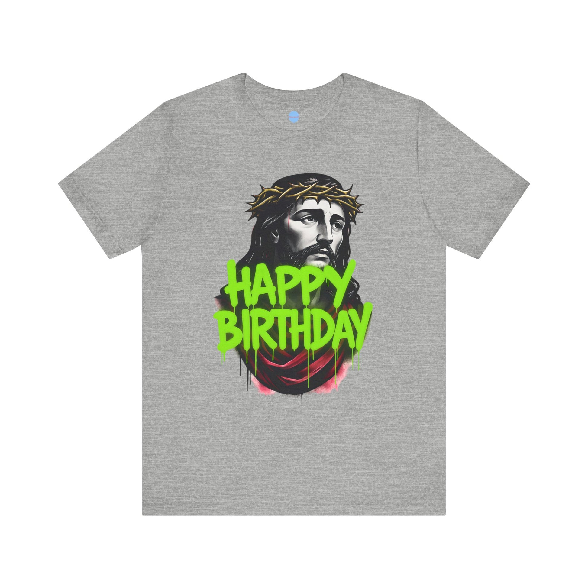 Grey t-shirt with a graphic of a Jesus wearing a crown of thorns and 'Happy Birthday' spray painted text on a white background.