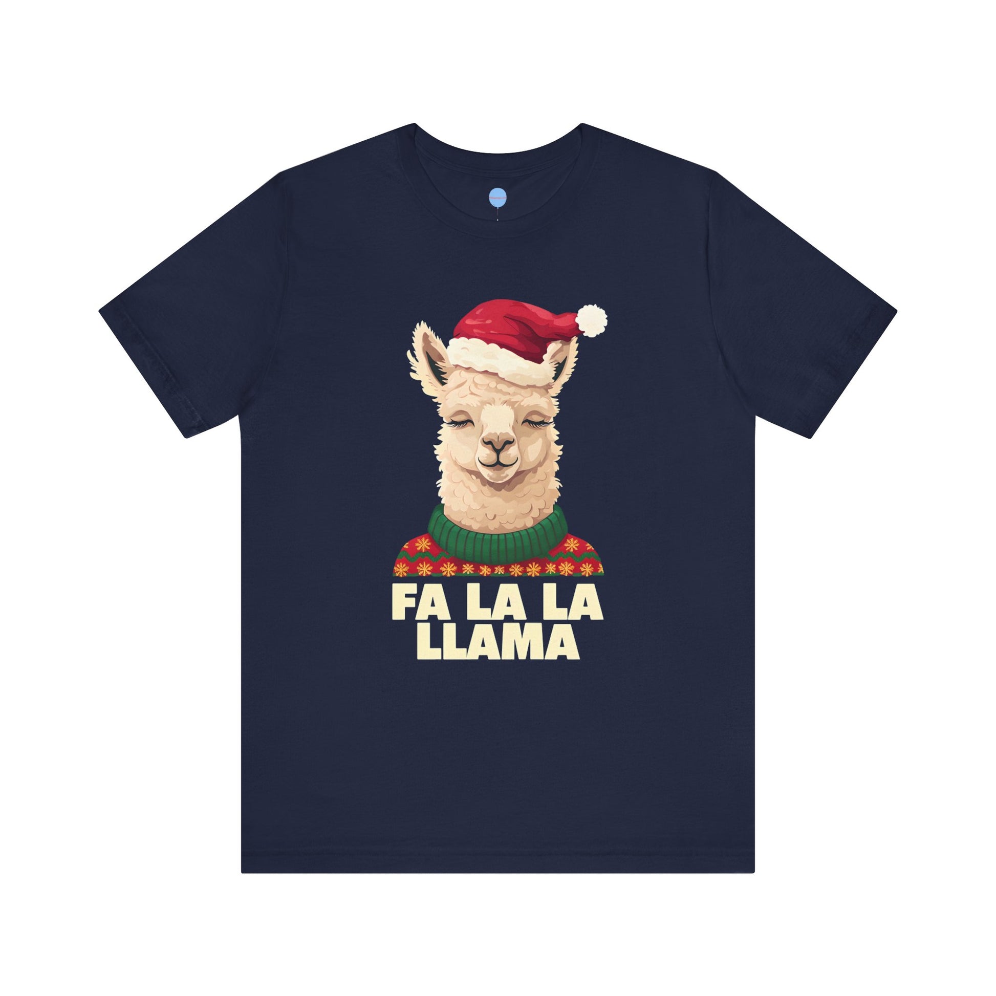 Navy blue t-shirt with a Christmas llama graphic and 'FA LA LA LLAMA' text on a white background.