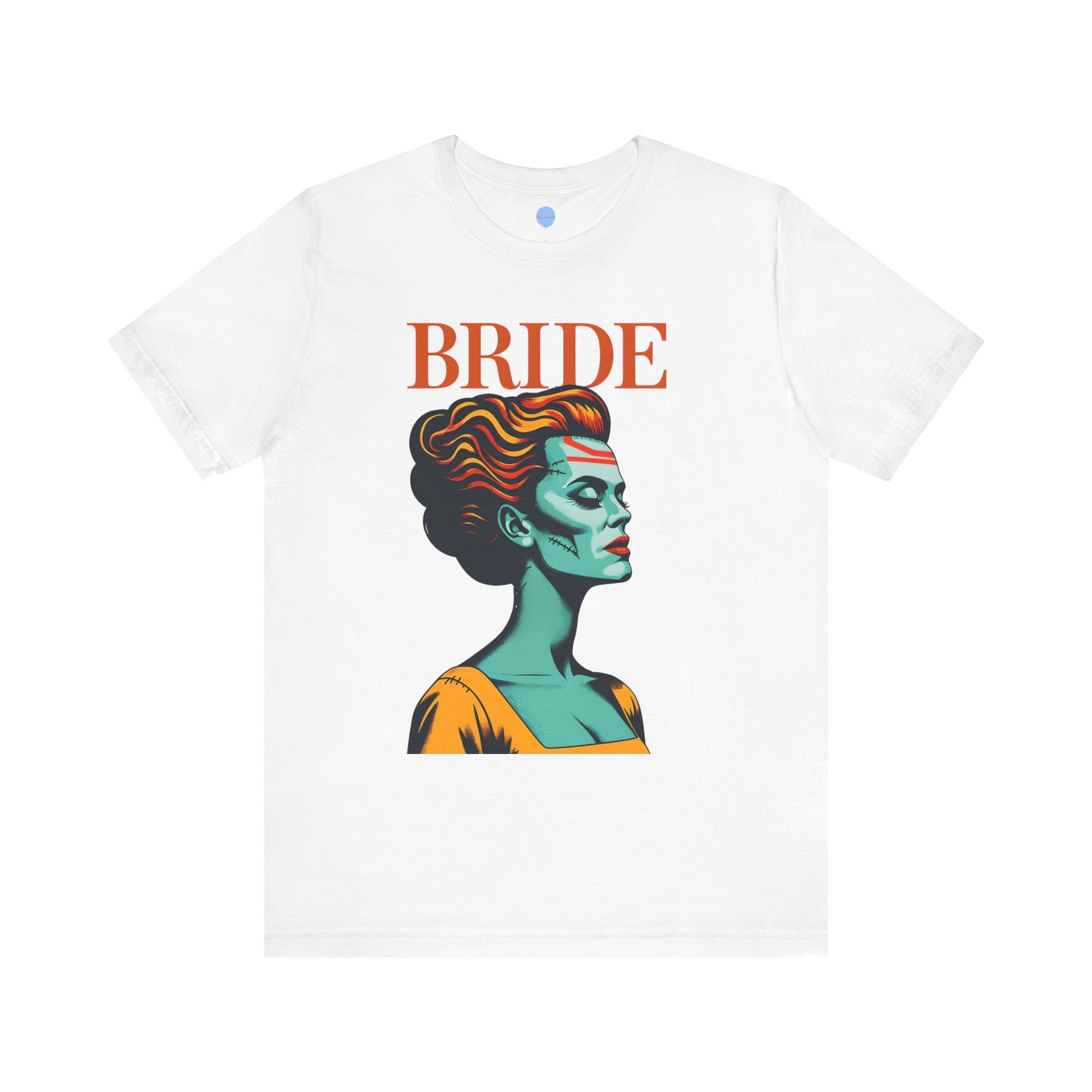 White bridal t-shirt with graphic woman’s face and BRIDE text, wedding party shirt on white background