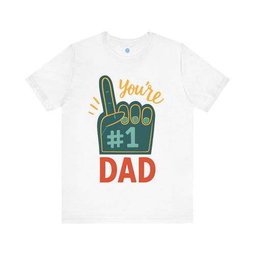 White t-shirt with '#1 Dad' graphic on a white background