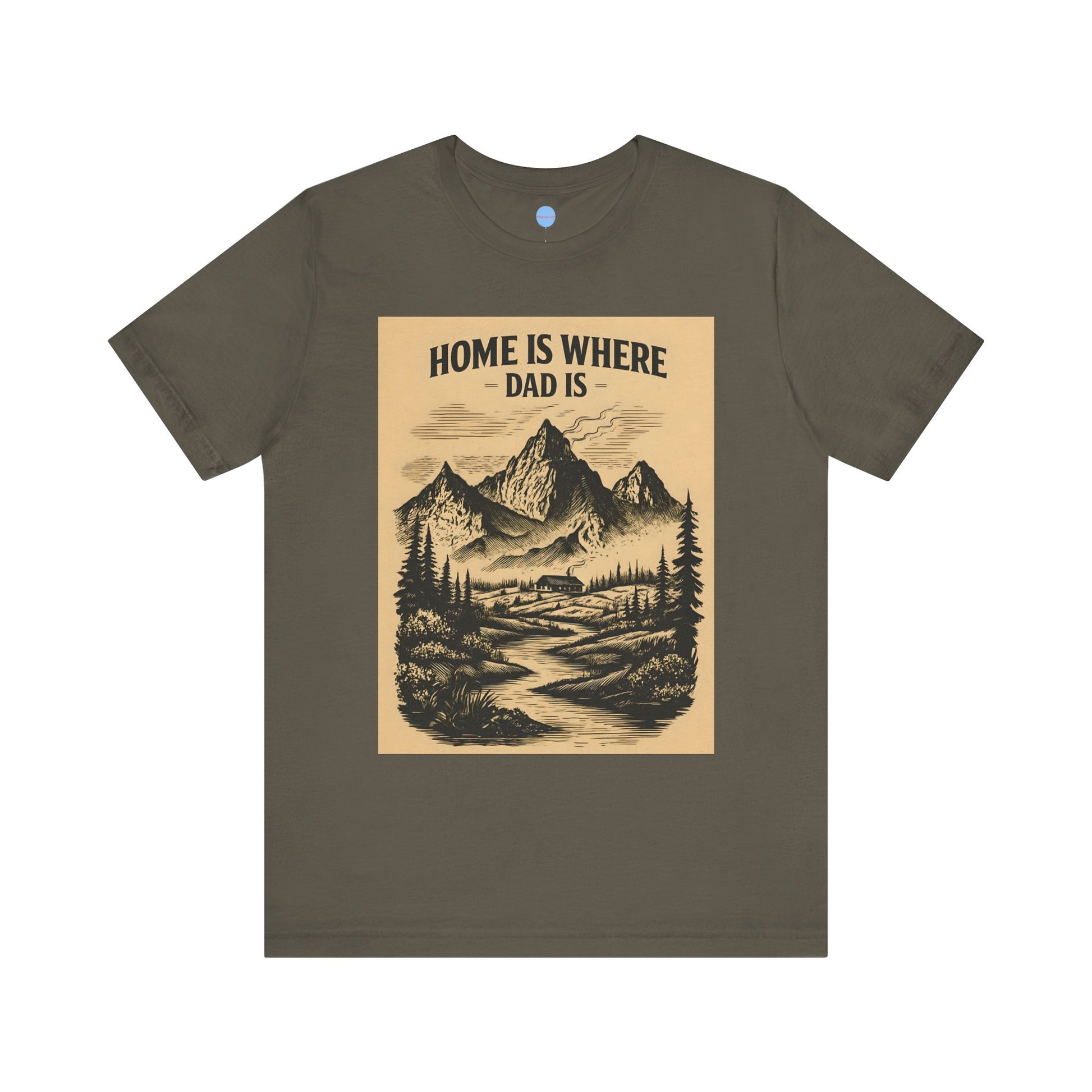 Brown Dad t-shirt with mountain scene and ‘Home is where Dad is’ text on brown background – Big Day Tees”