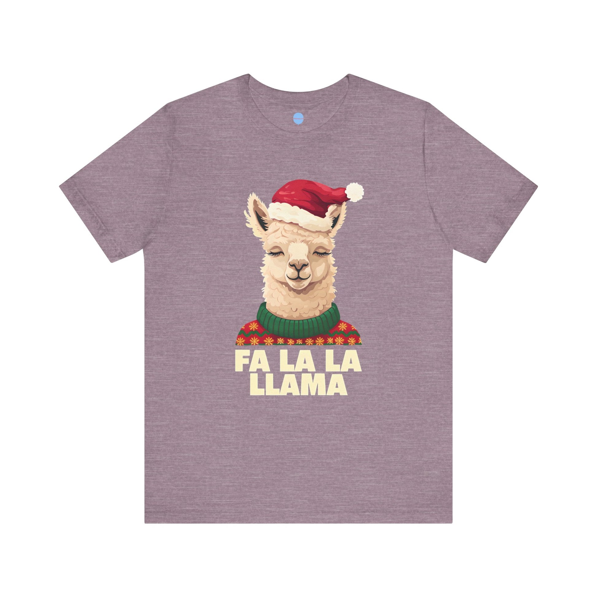 Purple t-shirt with a Christmas llama graphic and 'Fa La La Llama' text on a white background