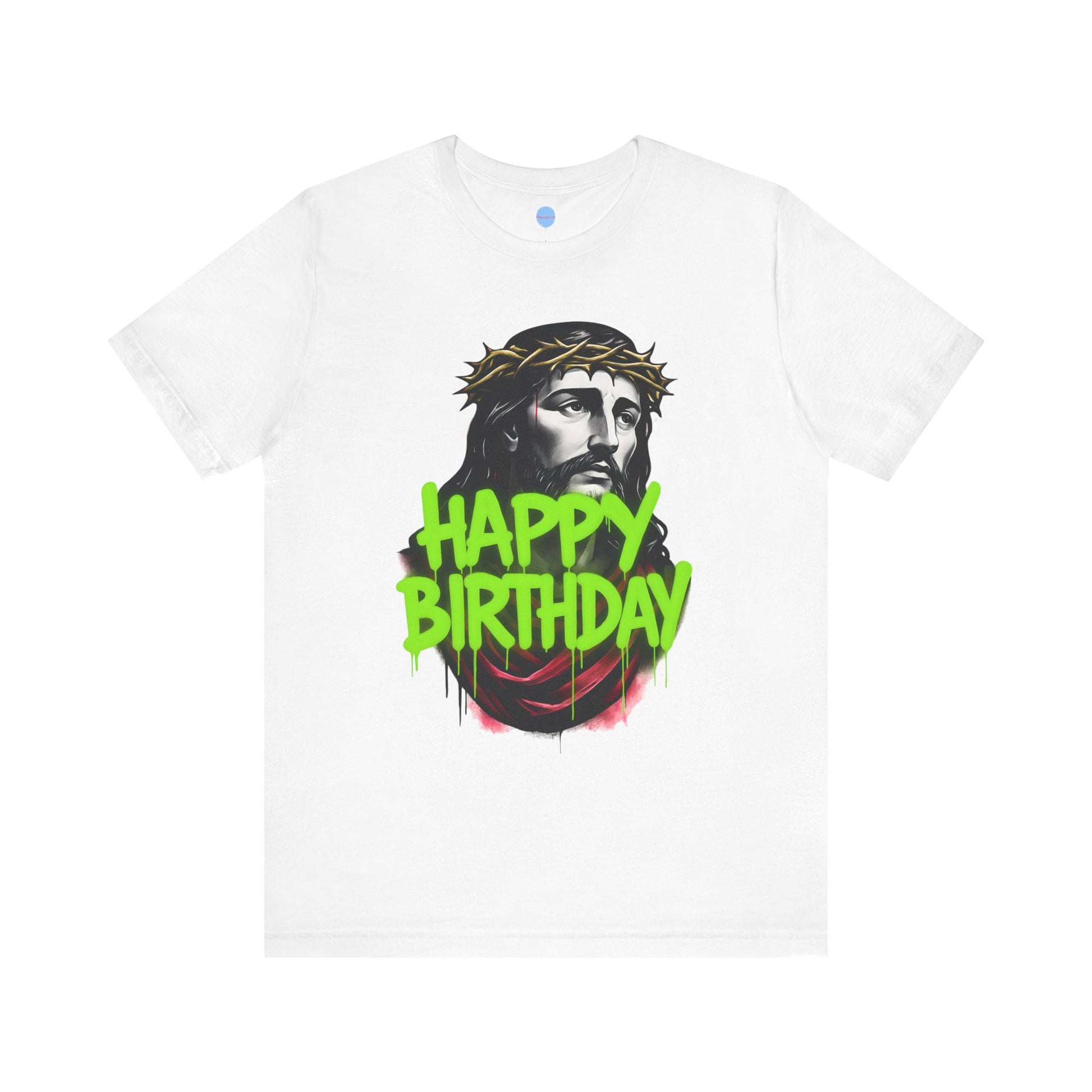 White t-shirt with a graphic of a Jesus wearing a crown of thorns and 'Happy Birthday' spray painted text on a white background.