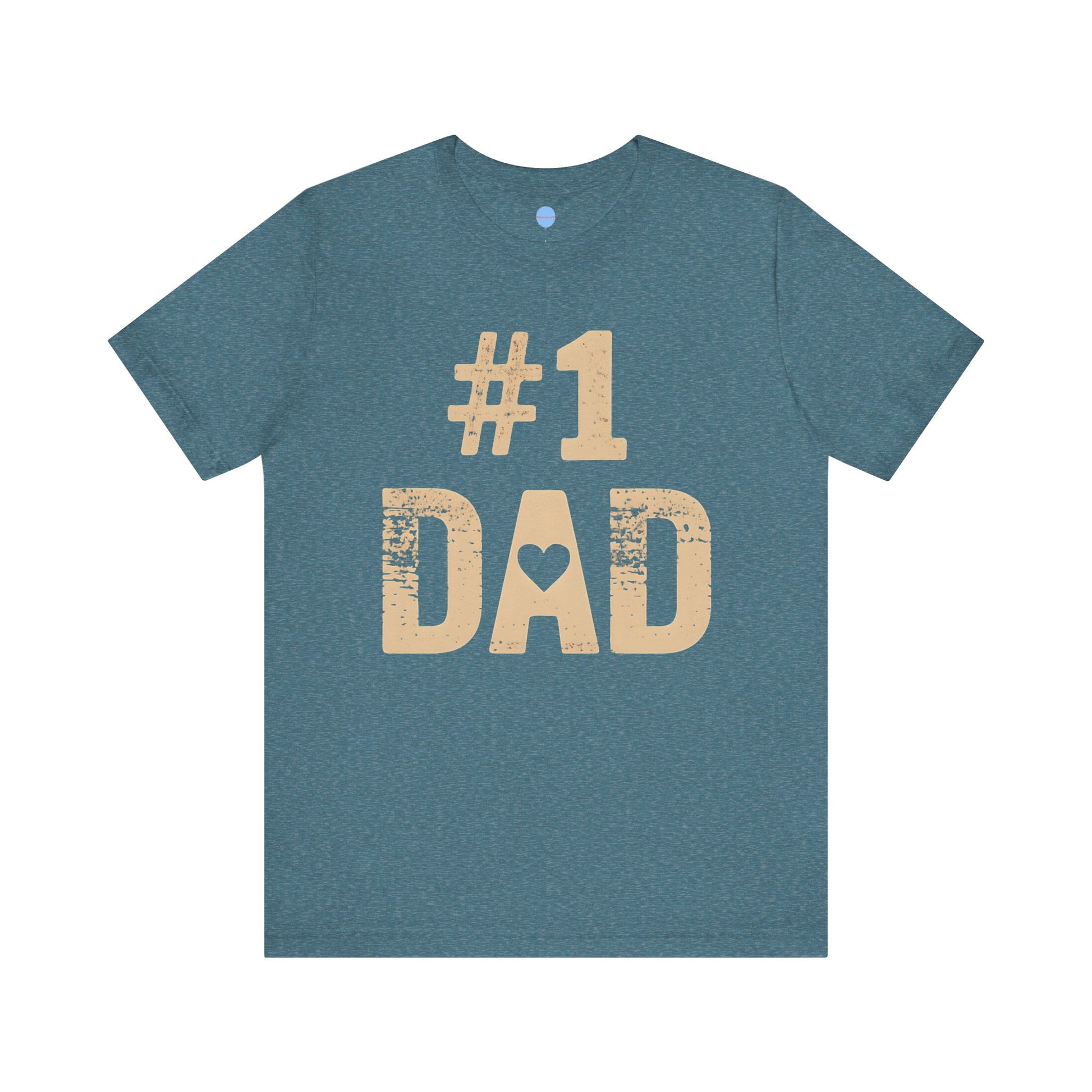 Blue t-shirt with '#1 DAD' text on a white background