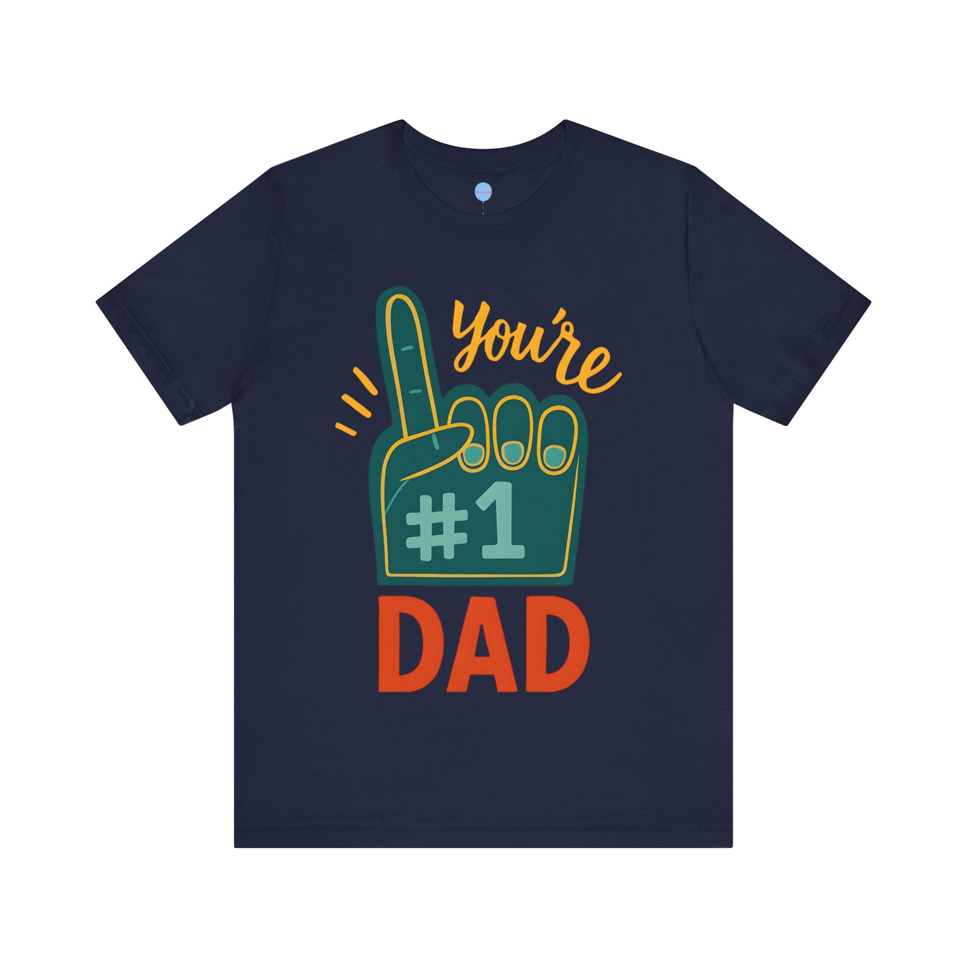 Navy blue t-shirt with '#1 Dad' graphic on a white background