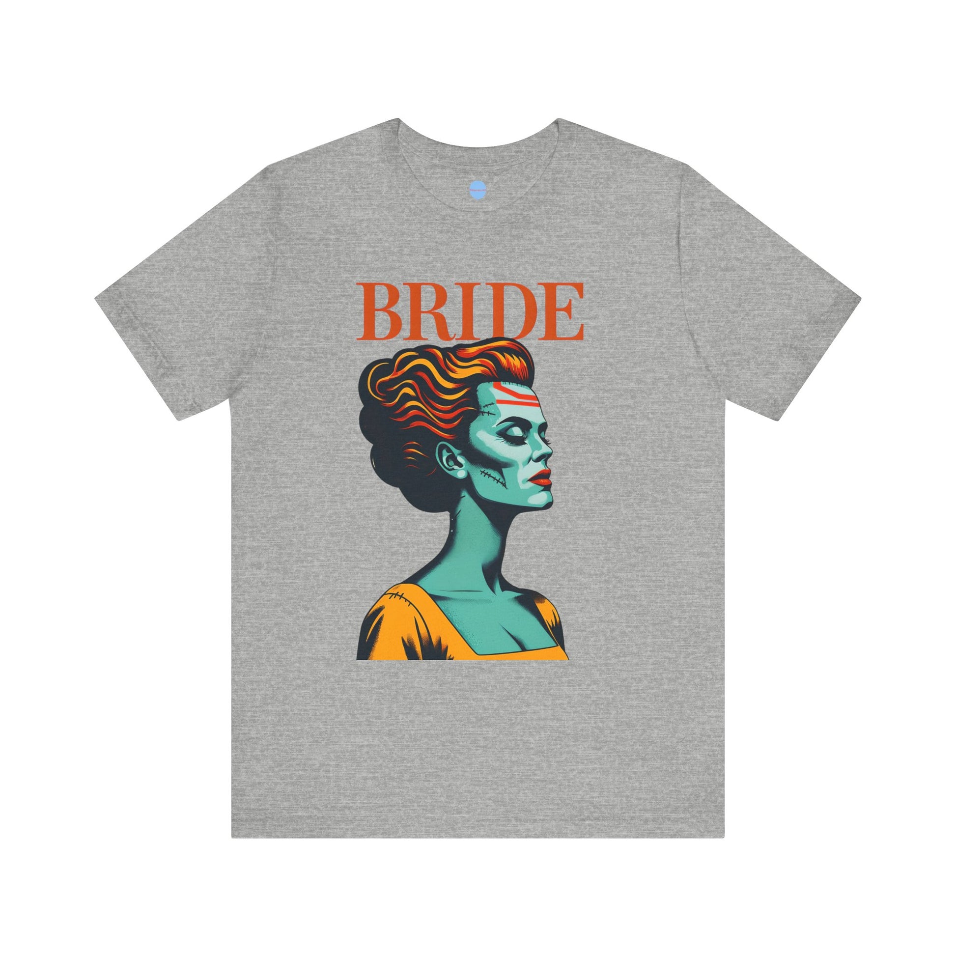 Grey bridal t-shirt with graphic woman’s face and BRIDE text, wedding party shirt on white background