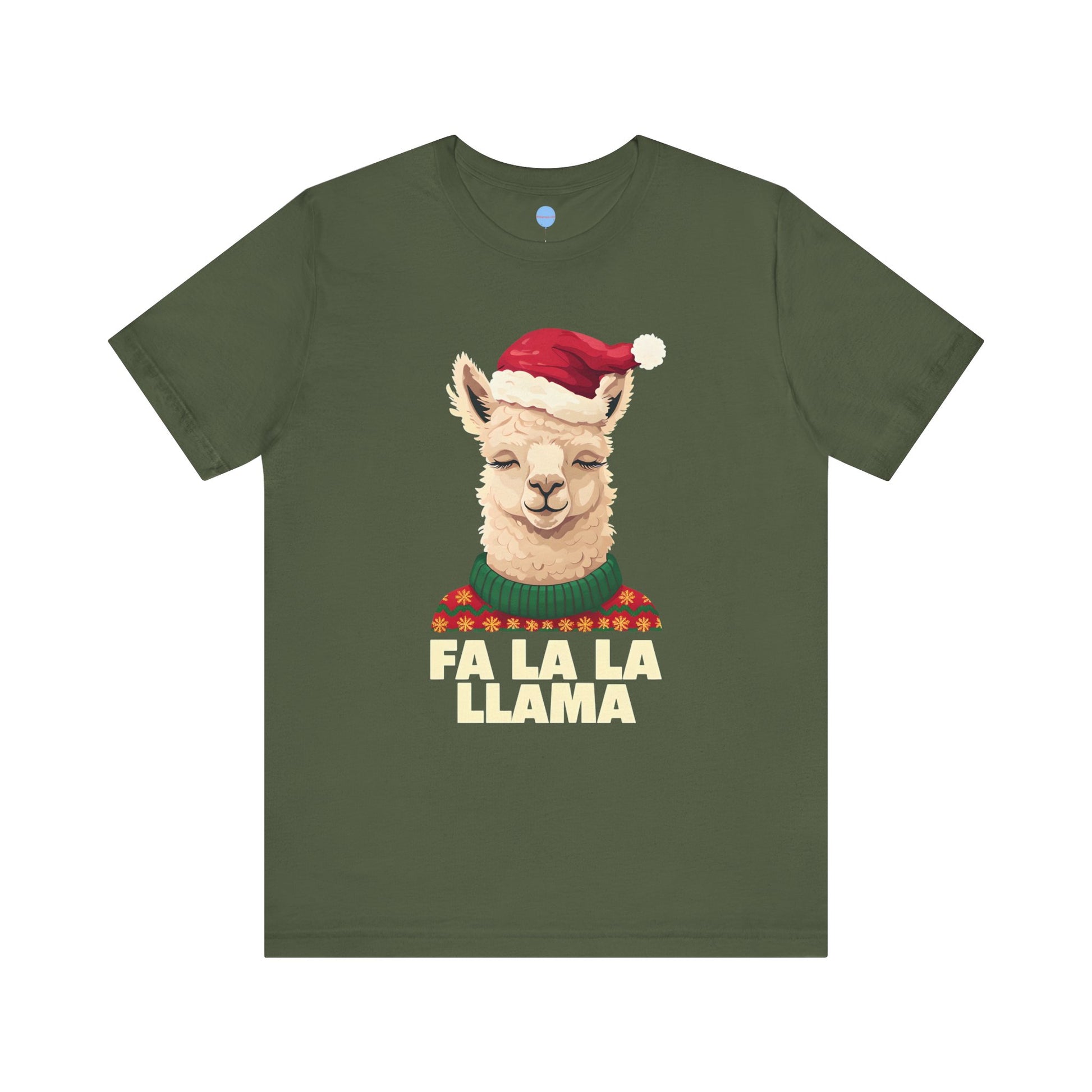 Green t-shirt with a Christmas llama graphic and 'FA LA LA LLAMA' text on a white background
